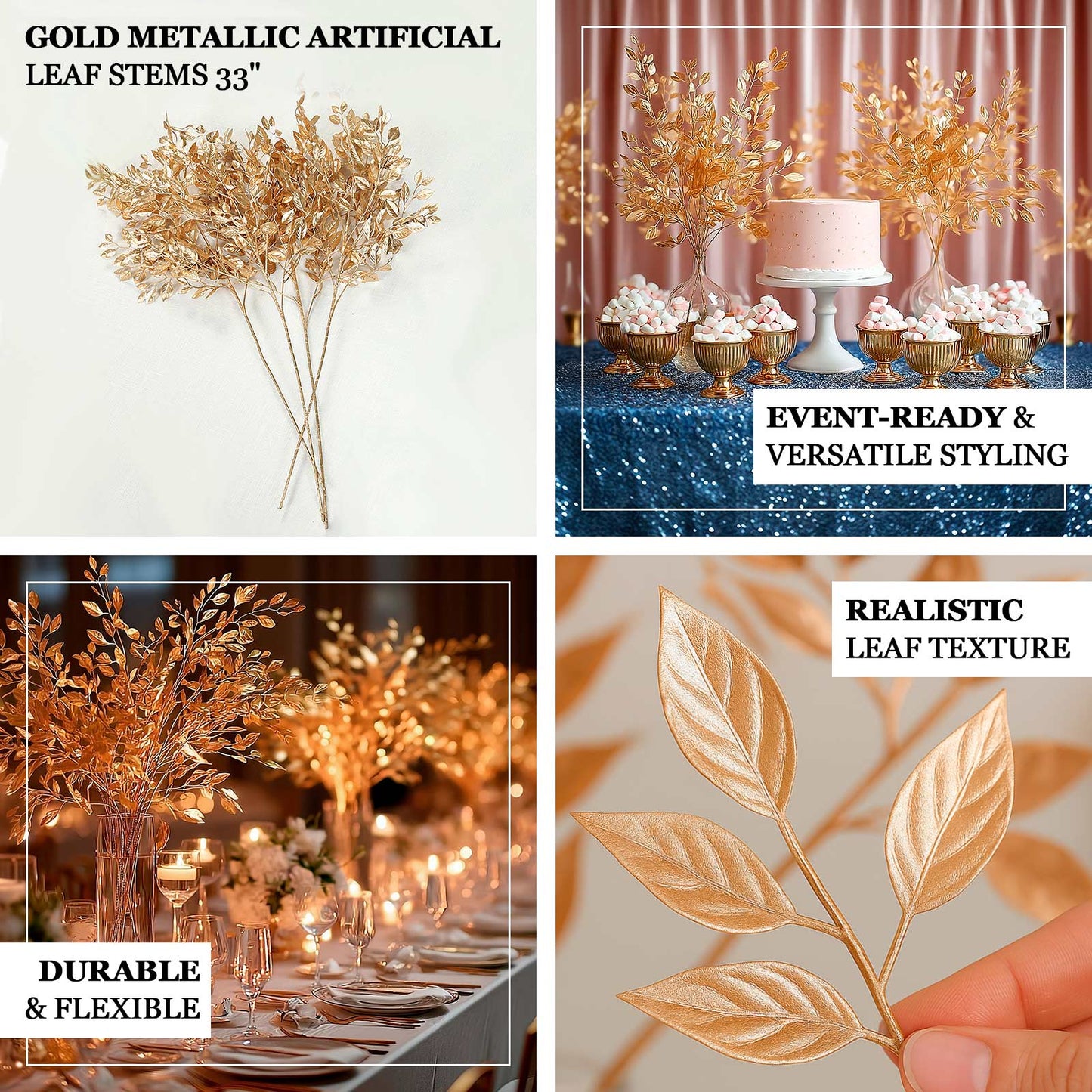 Gold metallic artificial leaf spray for decorative arrangements.