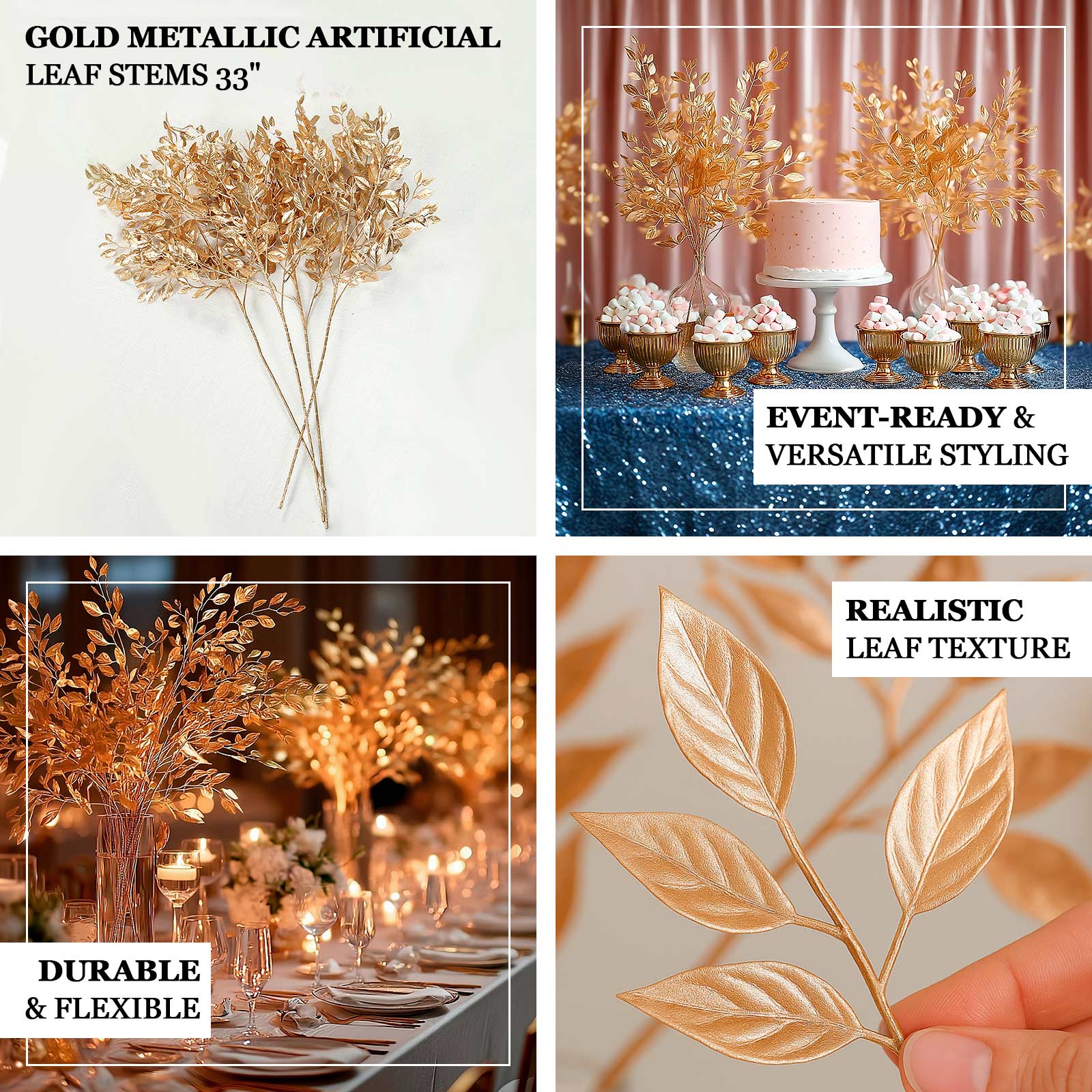 Gold metallic artificial leaf spray for decorative arrangements.