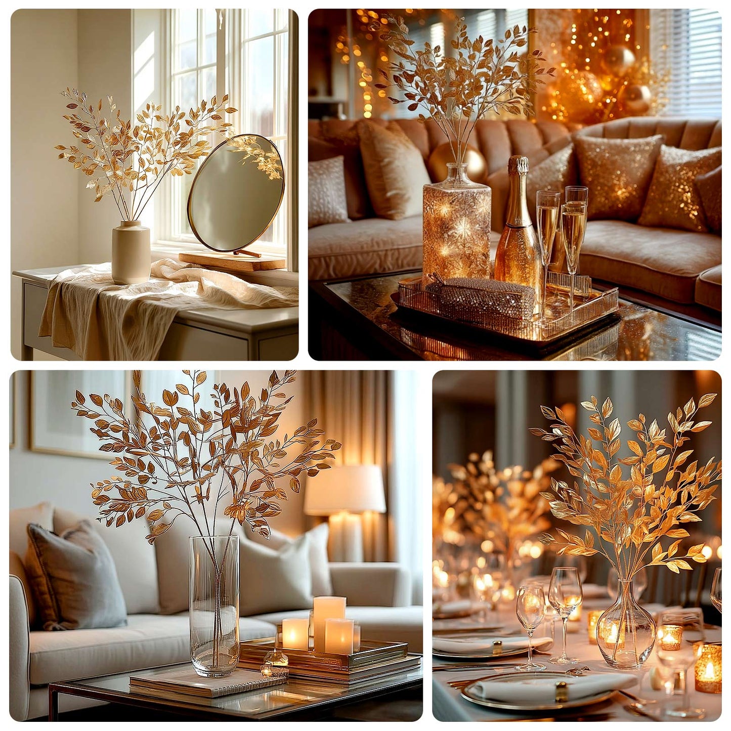Gold metallic artificial leaf spray for decorative arrangements.
