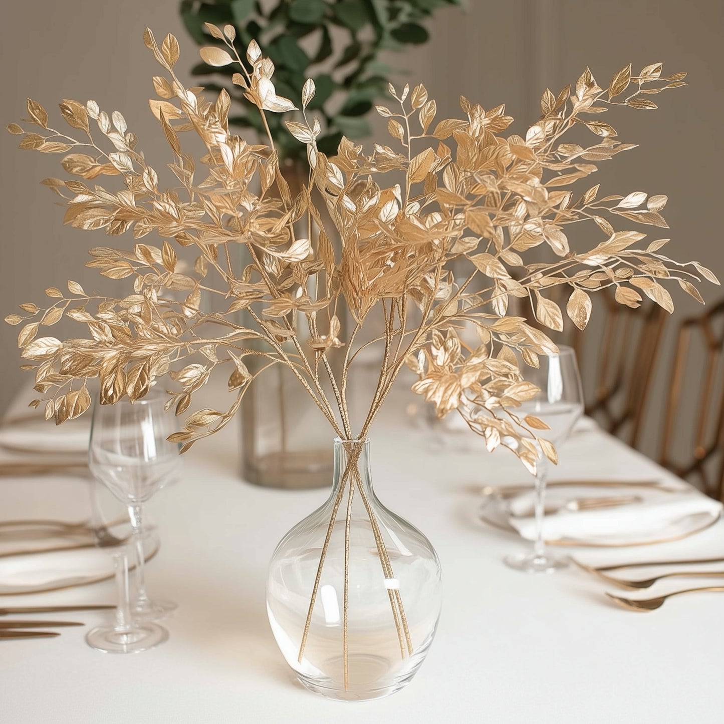 Gold metallic artificial leaf spray in a clear vase for decorative arrangements.