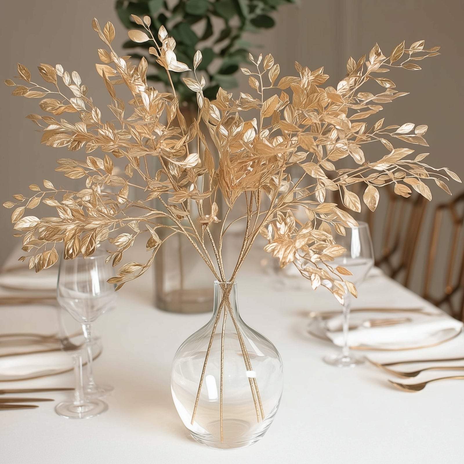 Gold metallic artificial leaf spray in a clear vase for decorative arrangements.