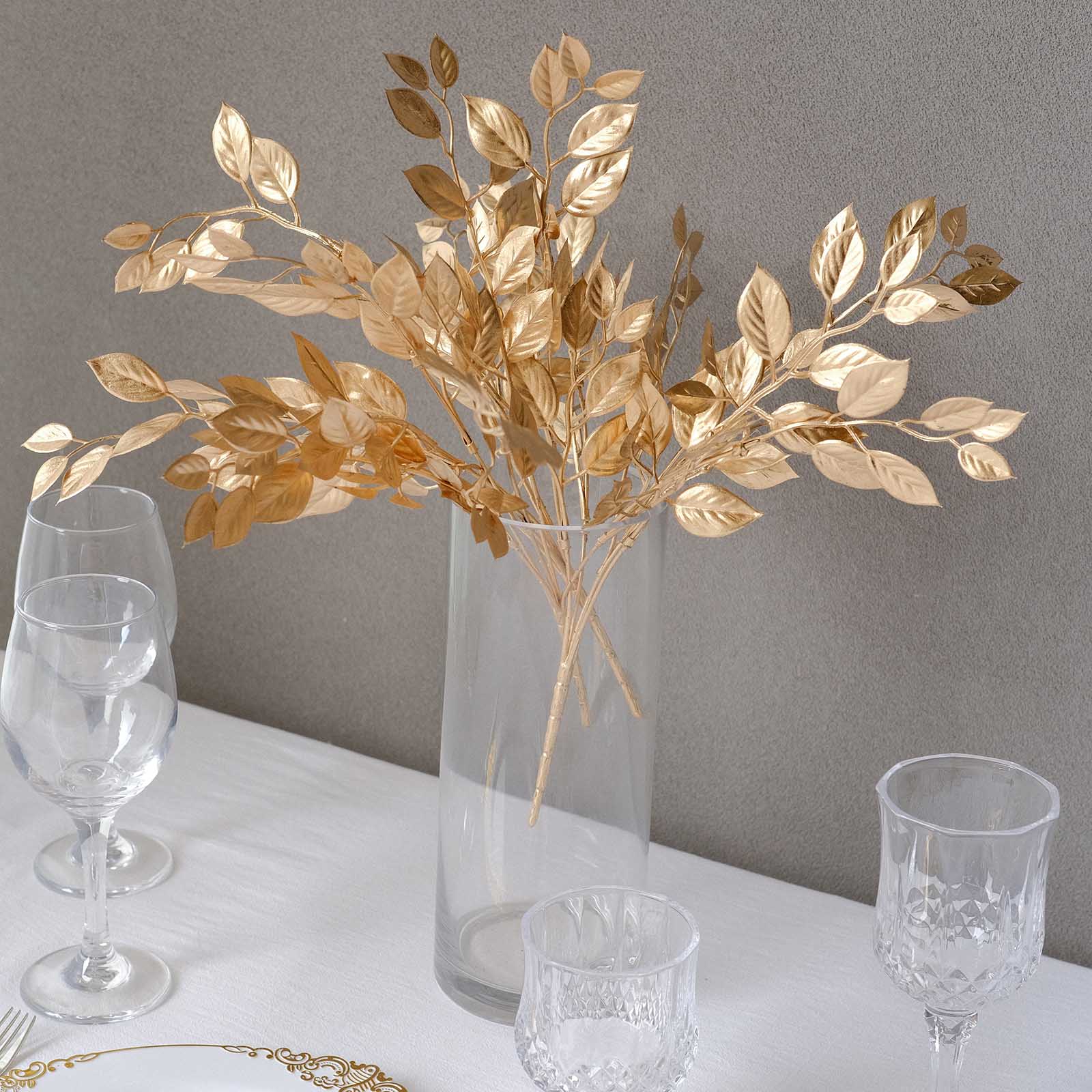 4 Pack Metallic Gold Faux Italian Ruscus Leaves Stems, 14" Artificial Plant Branches Vase Fillers