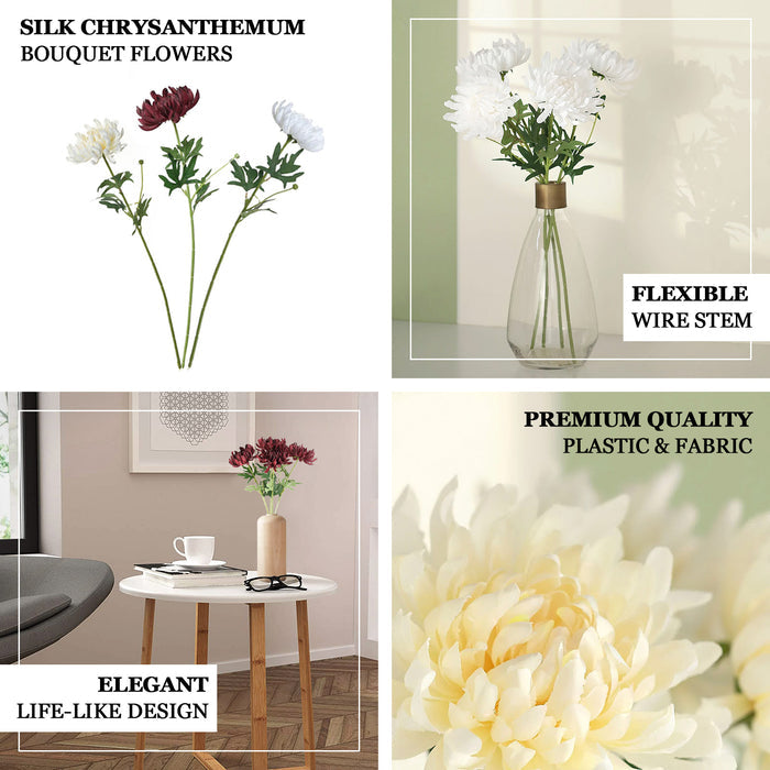 3 Stems | Burgundy 27" Artificial Silk Chrysanthemum Bouquet Flowers, Large Faux Mum Branches