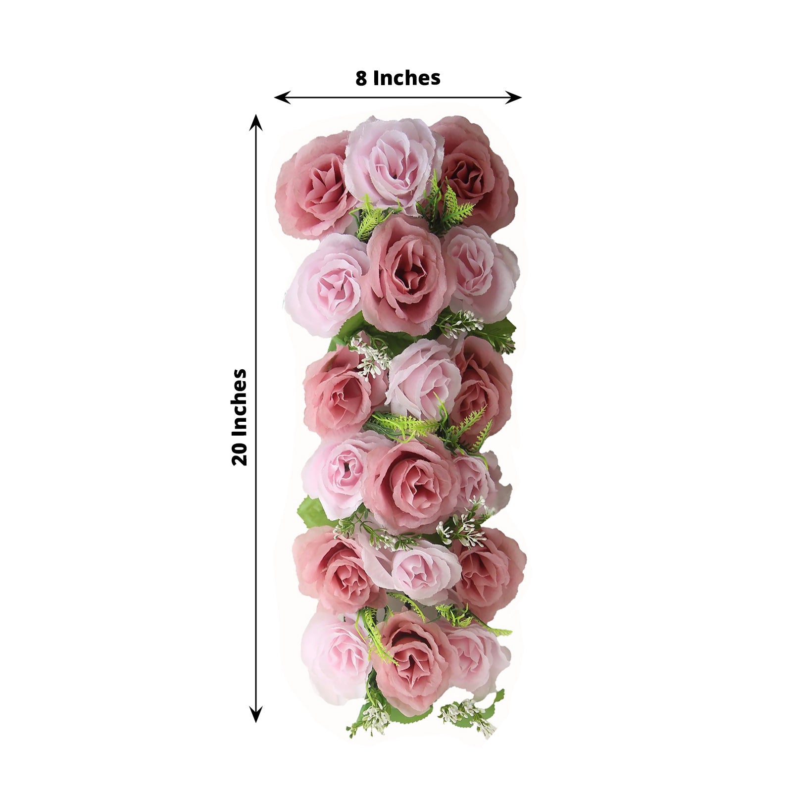 Dusty rose silk flower panel table runner, 20"x8", ideal for wedding centerpieces.