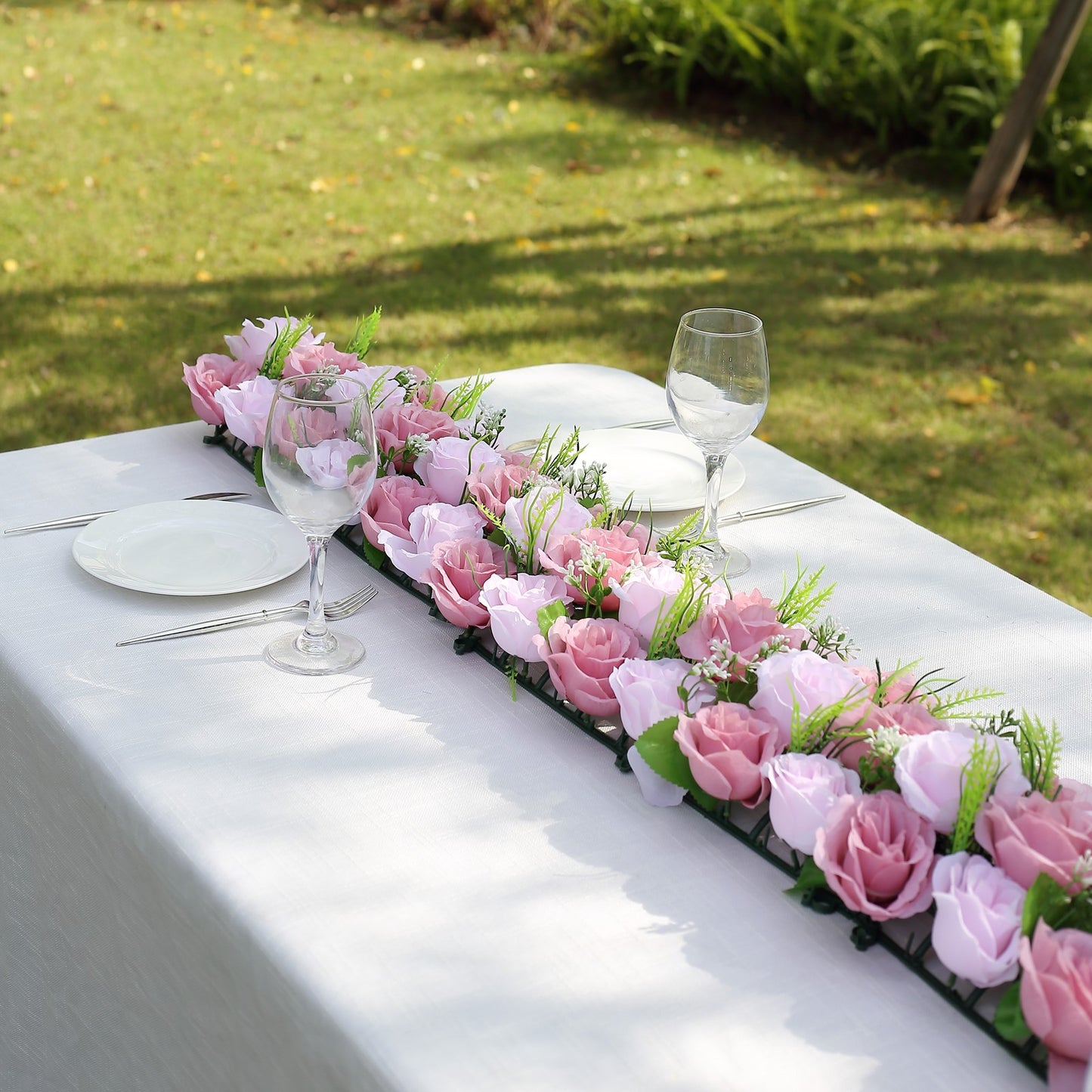 Dusty rose silk flower table runner centerpiece for weddings, 20"x8".