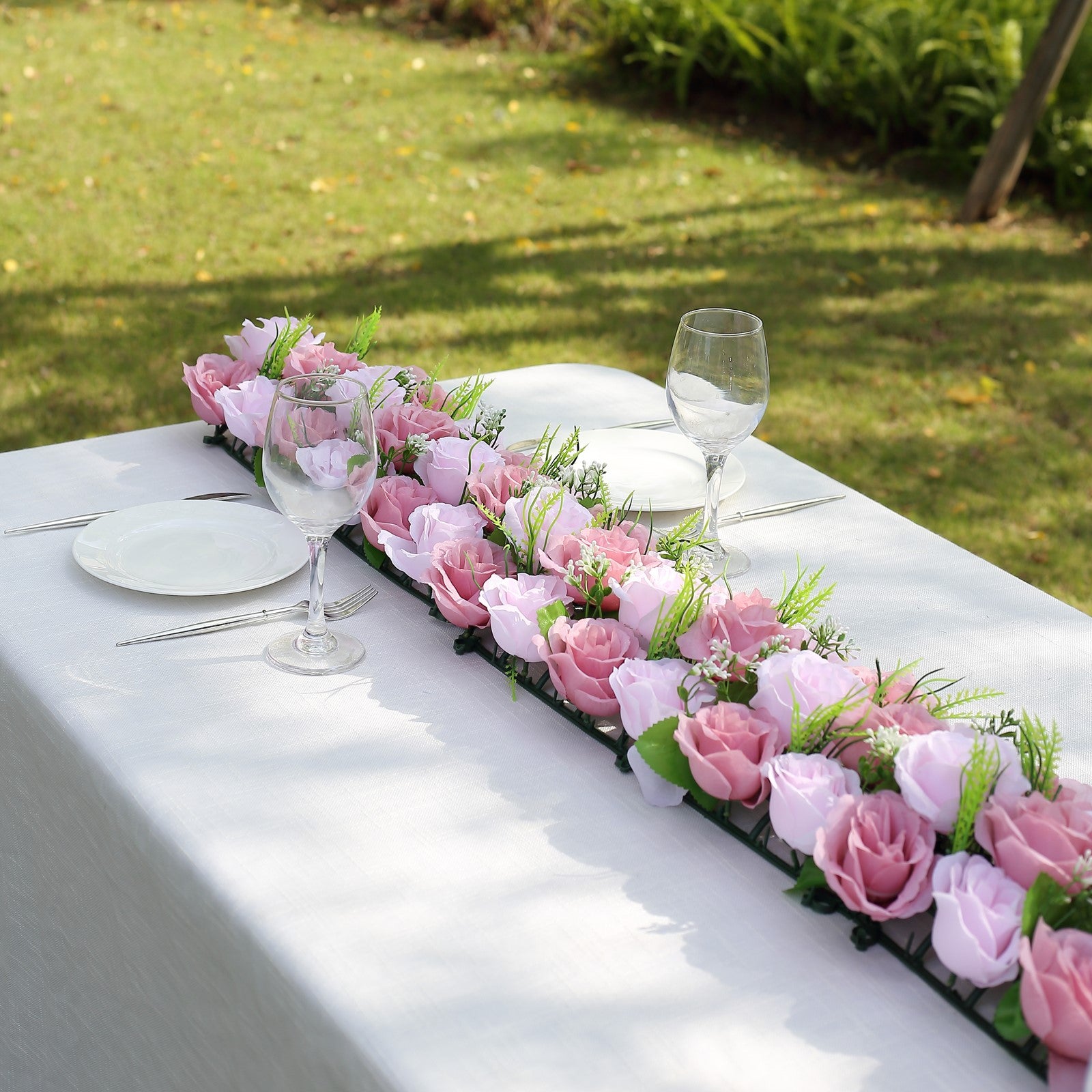 Dusty rose silk flower table runner centerpiece for weddings, 20"x8".
