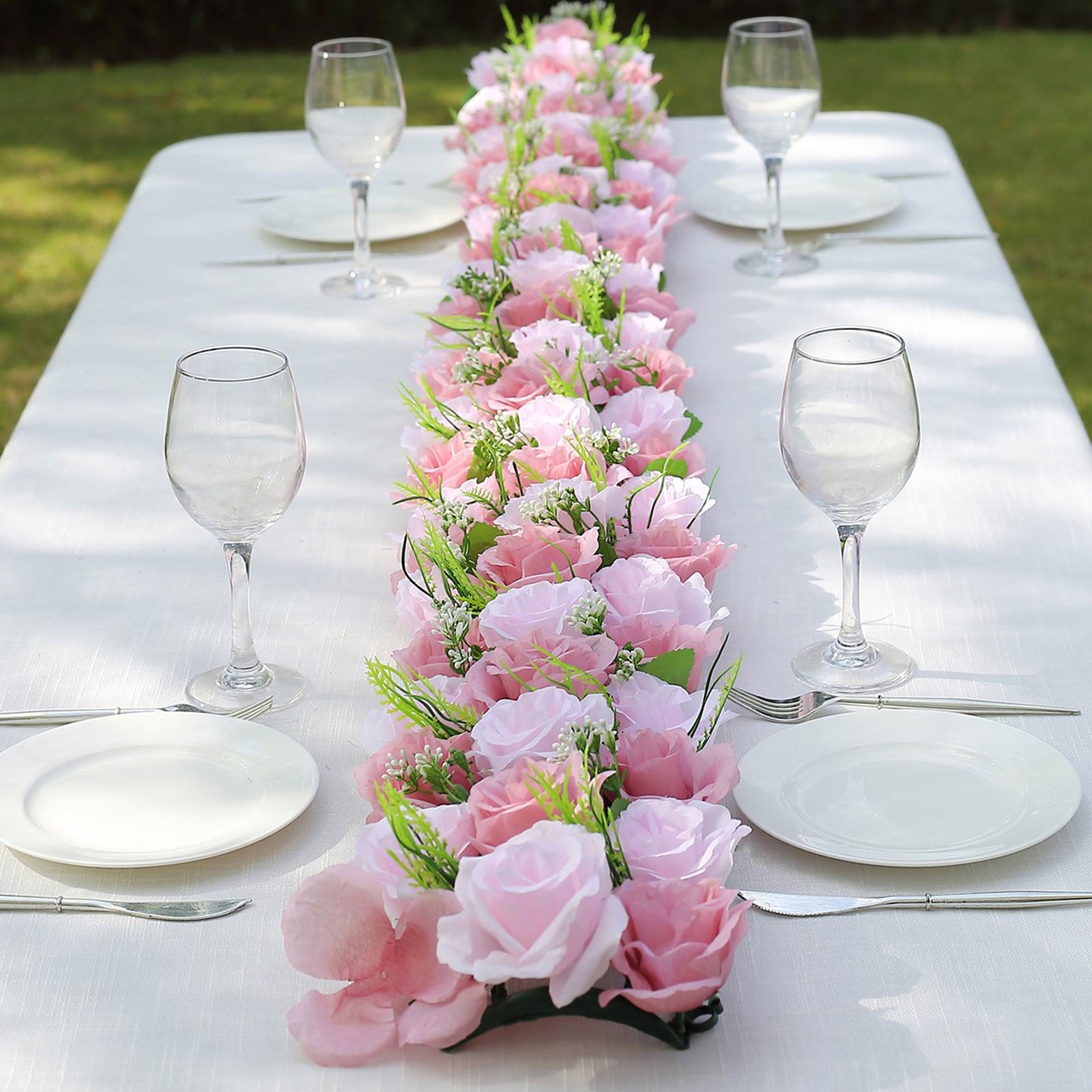 Dusty rose silk flower table runner centerpiece for weddings.