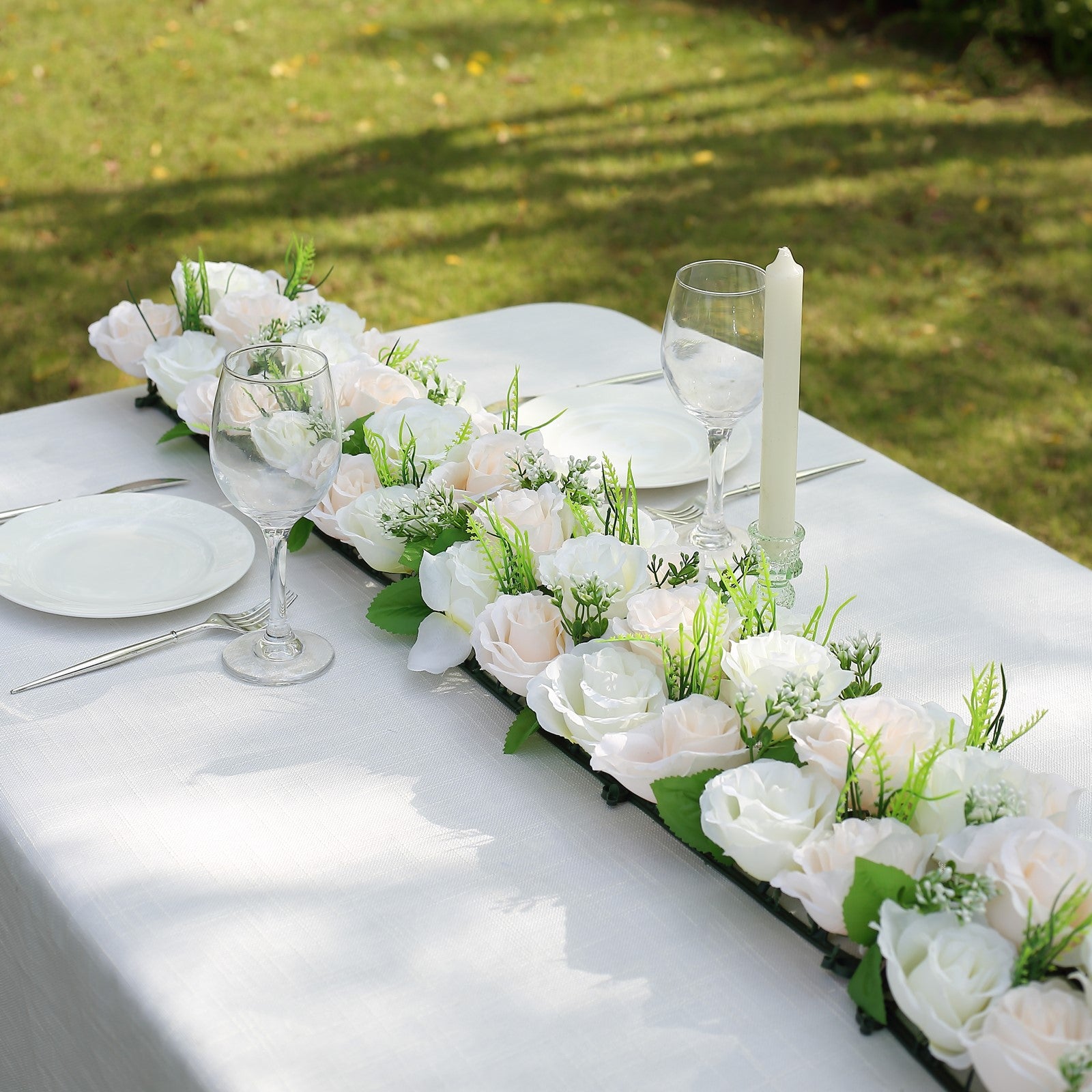 Cream ivory silk rose flower table runner centerpiece for weddings.