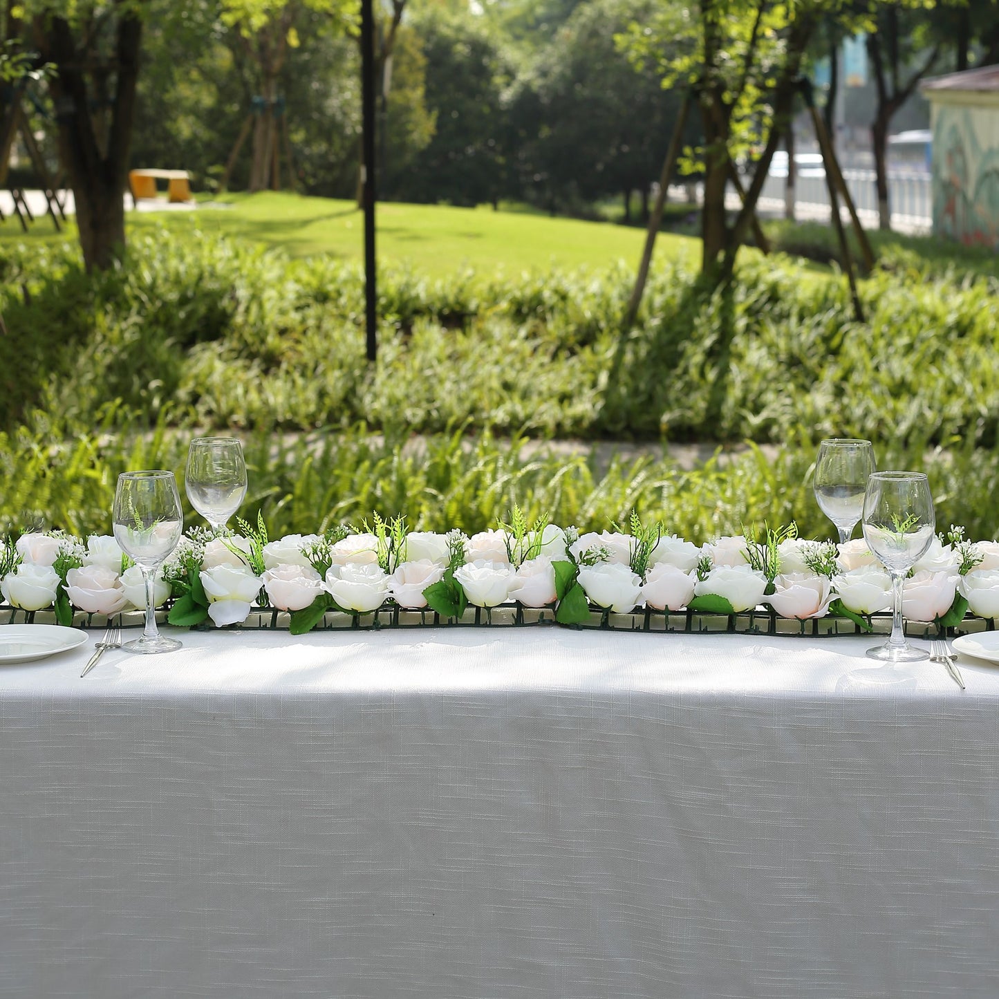 Cream ivory silk rose flower table runner for wedding centerpiece.