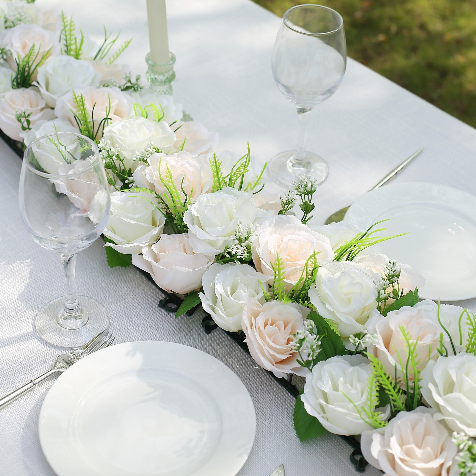Cream ivory silk rose table runner centerpiece for weddings.