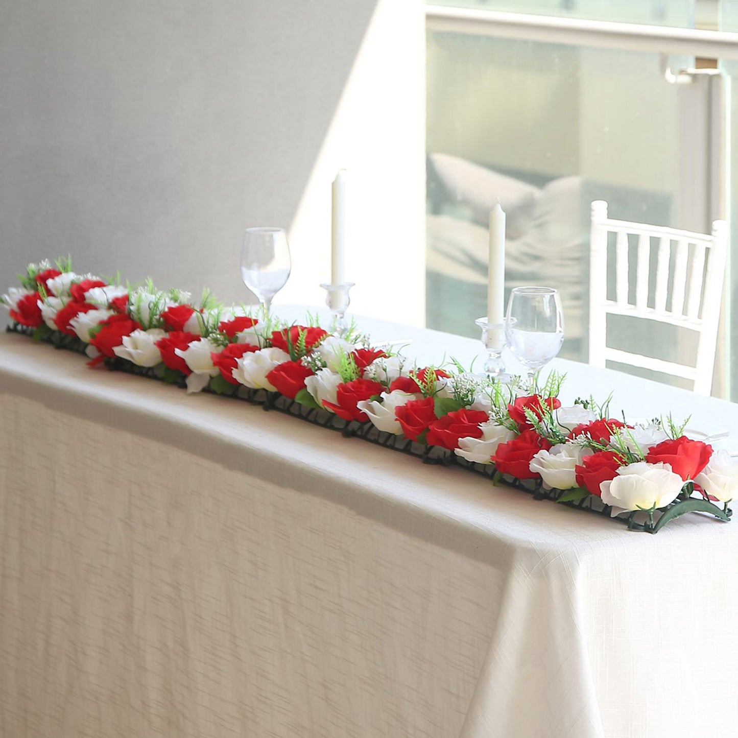 Red and ivory silk rose flower table runner for wedding centerpiece.