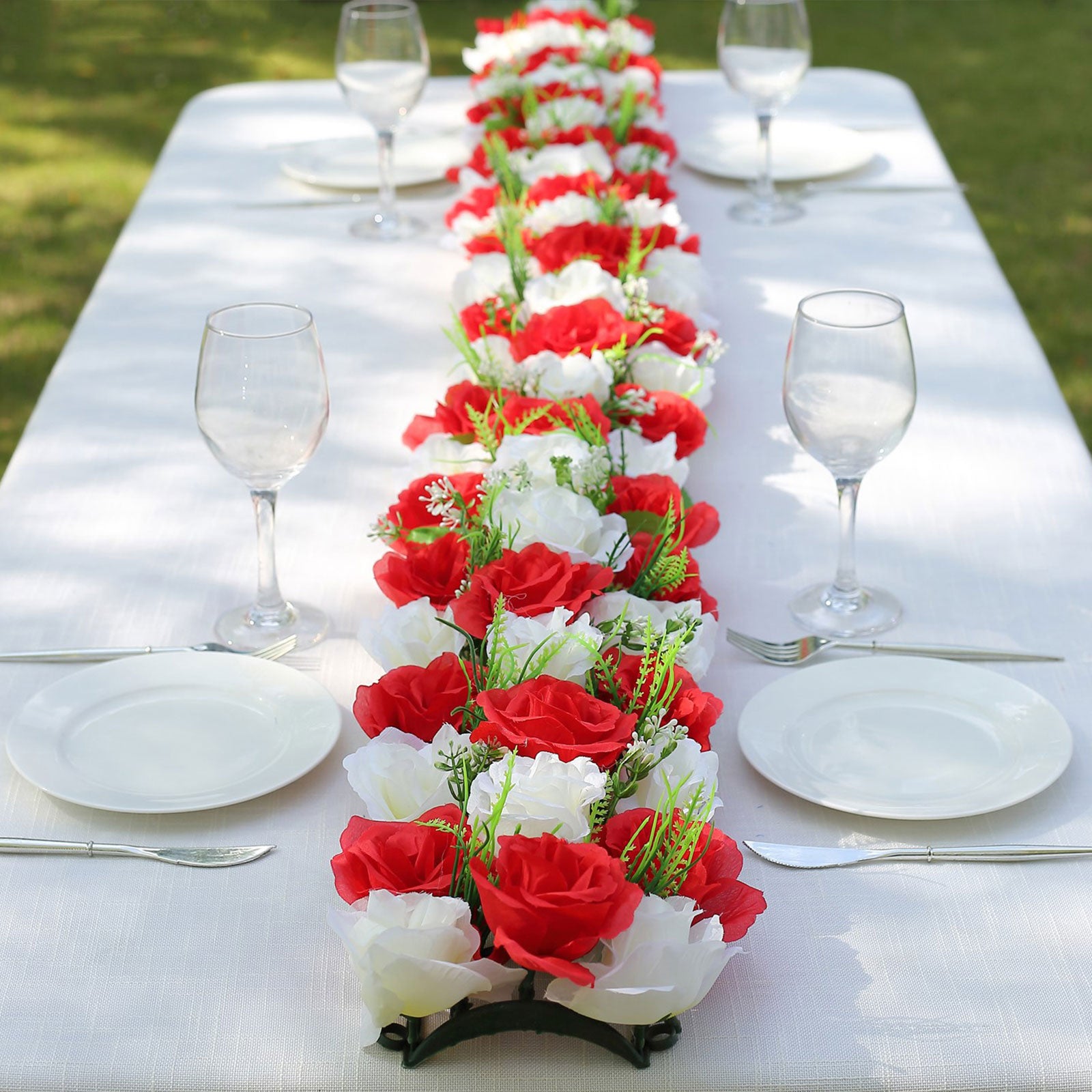 Red and ivory silk rose flower table runner centerpiece.