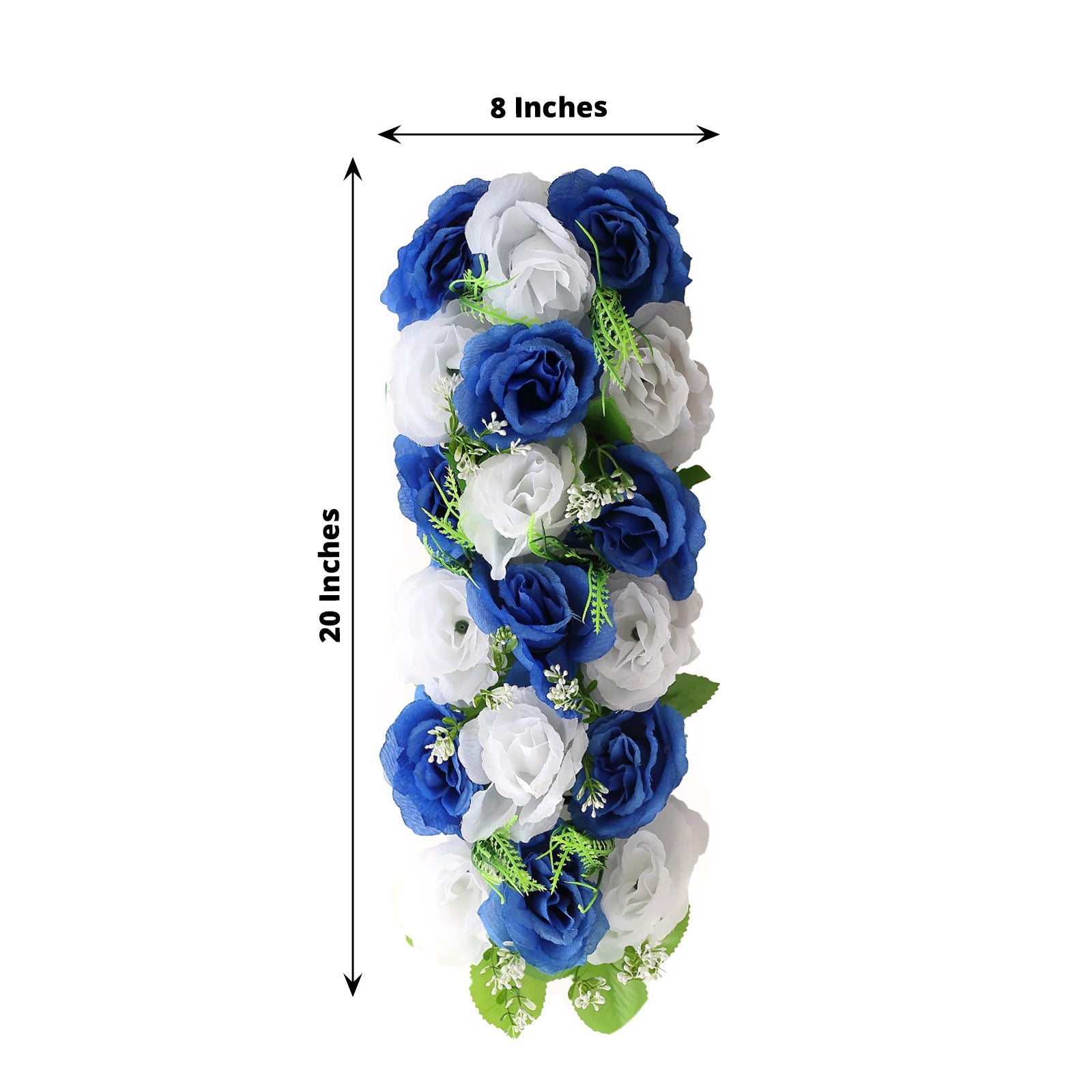 White and royal blue silk rose flower table runner, 20"x8".