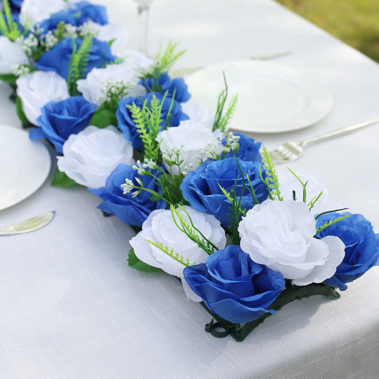 White and royal blue silk rose flower table runner centerpiece