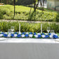 White and royal blue silk rose flower table runner centerpiece.