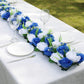 White and royal blue silk rose flower table runner centerpiece.