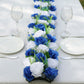 White and royal blue silk rose flower table runner centerpiece.