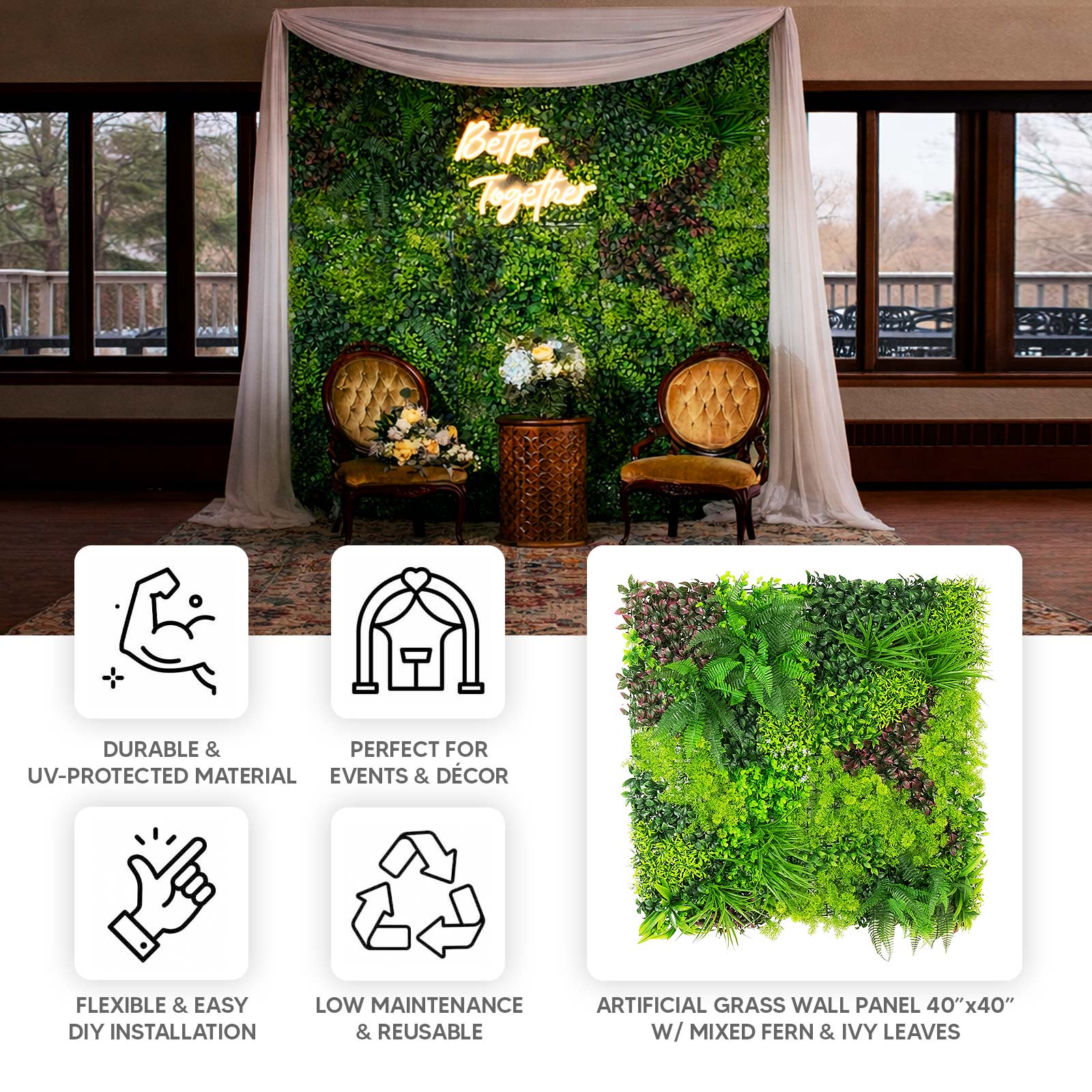 Artificial green wall backdrop with mixed fern and ivy leaves, UV-protected.