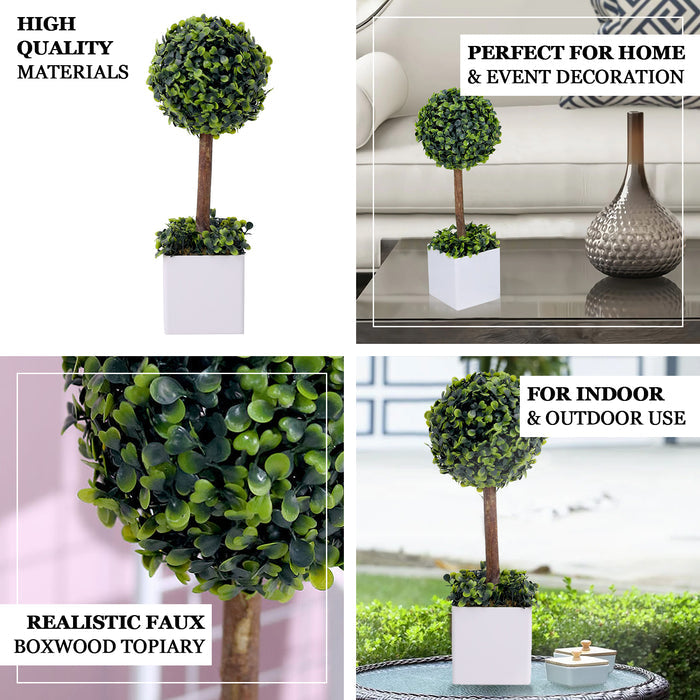 16" Green Artificial Boxwood Topiary Ball Tree In White Planter Pot