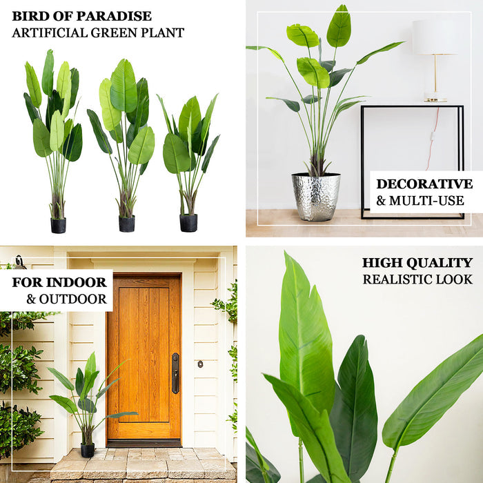 Green faux potted Bird of Paradise plant, perfect for indoor and outdoor decor.