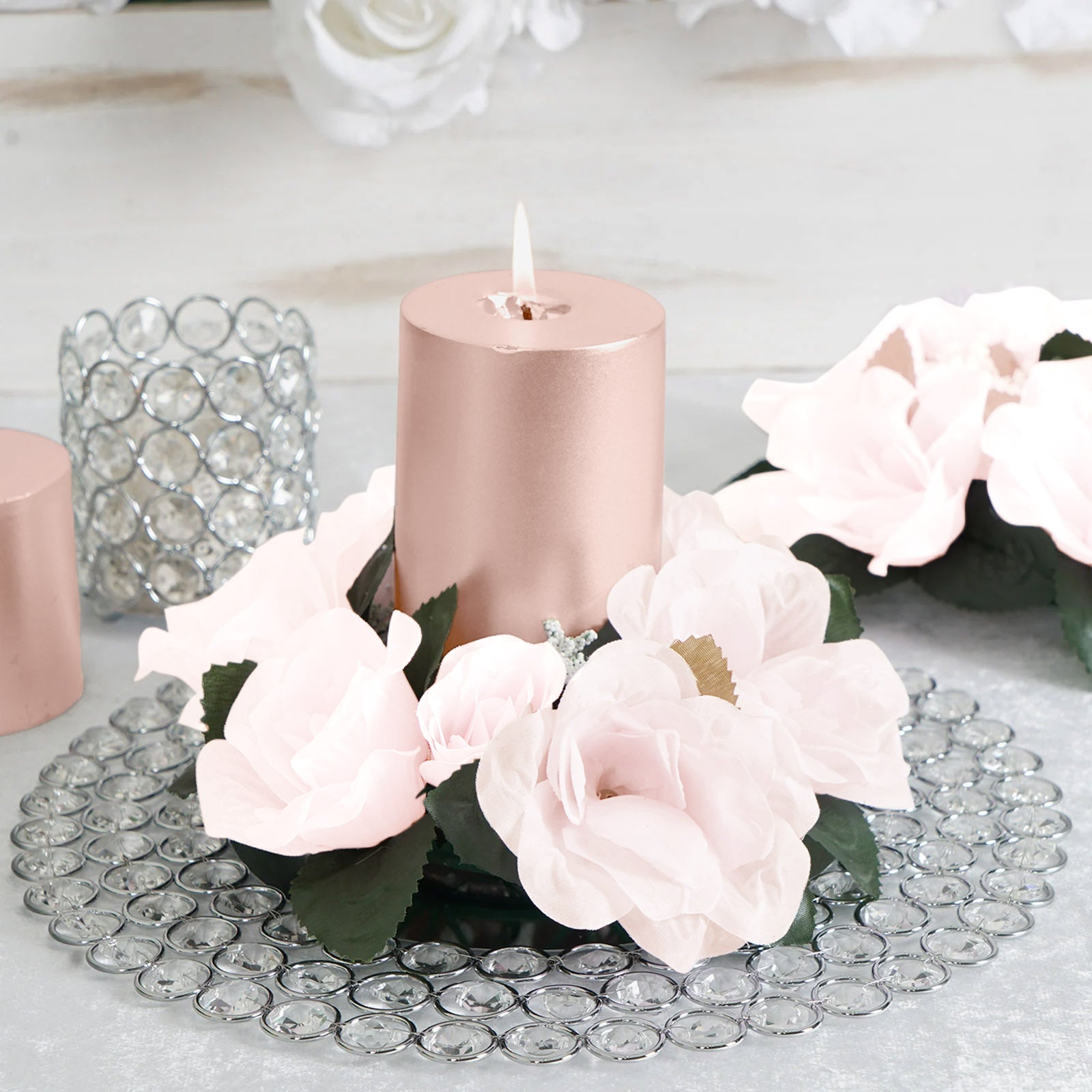 8 Pack Nude Artificial Silk Rose Floral Candle Rings