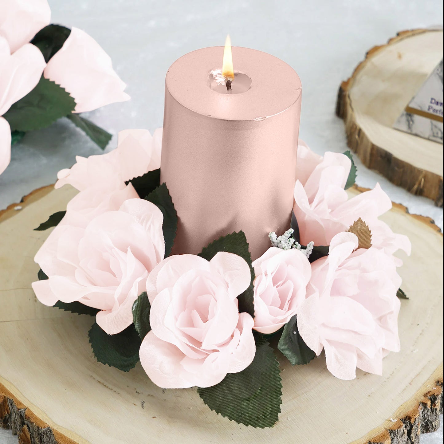 8 Pack Nude Artificial Silk Rose Floral Candle Rings#whtbkgd