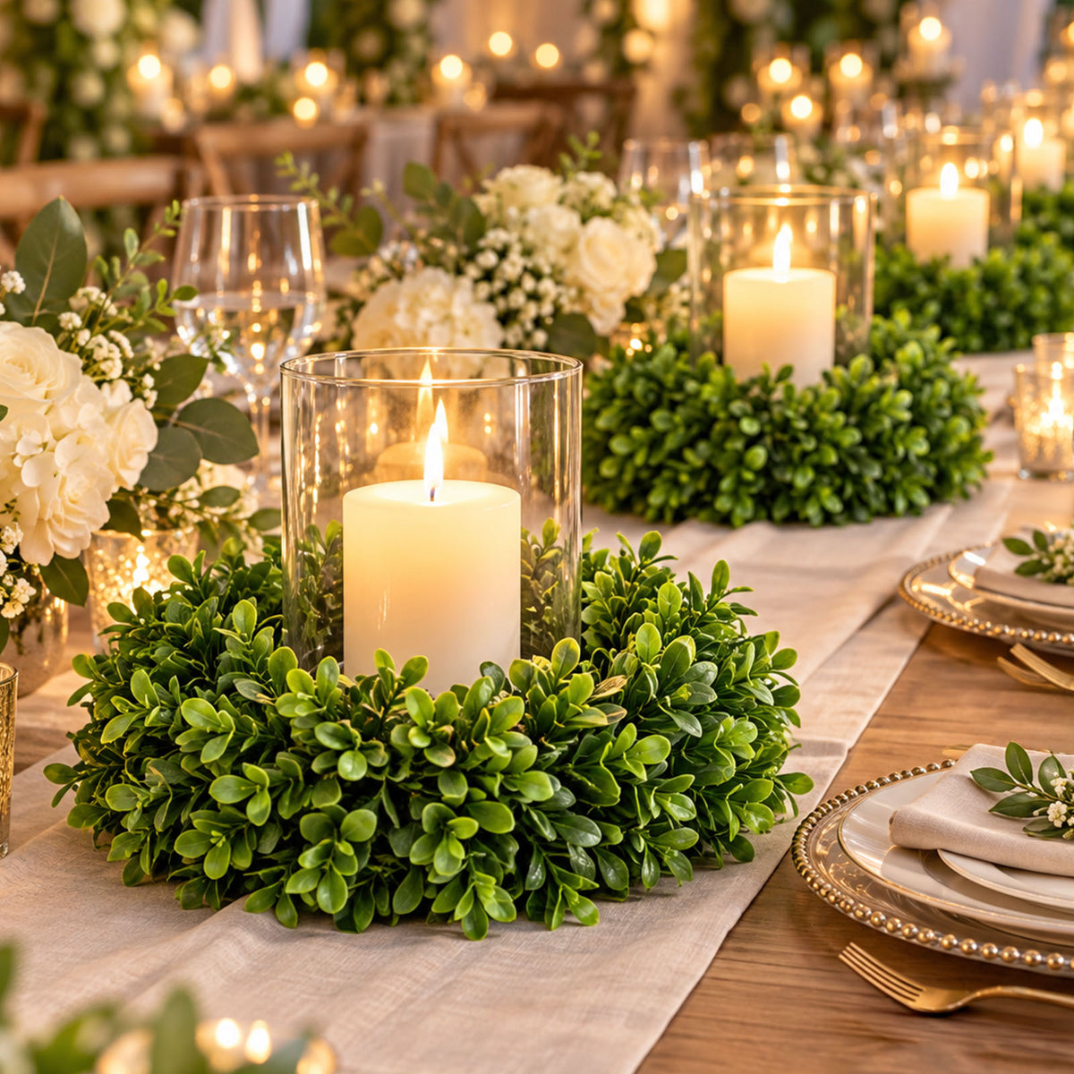 3 Pack 10" Artificial Boxwood Candle Rings, Green Faux Mini Wreath - 4" Opening for Table Centerpiec