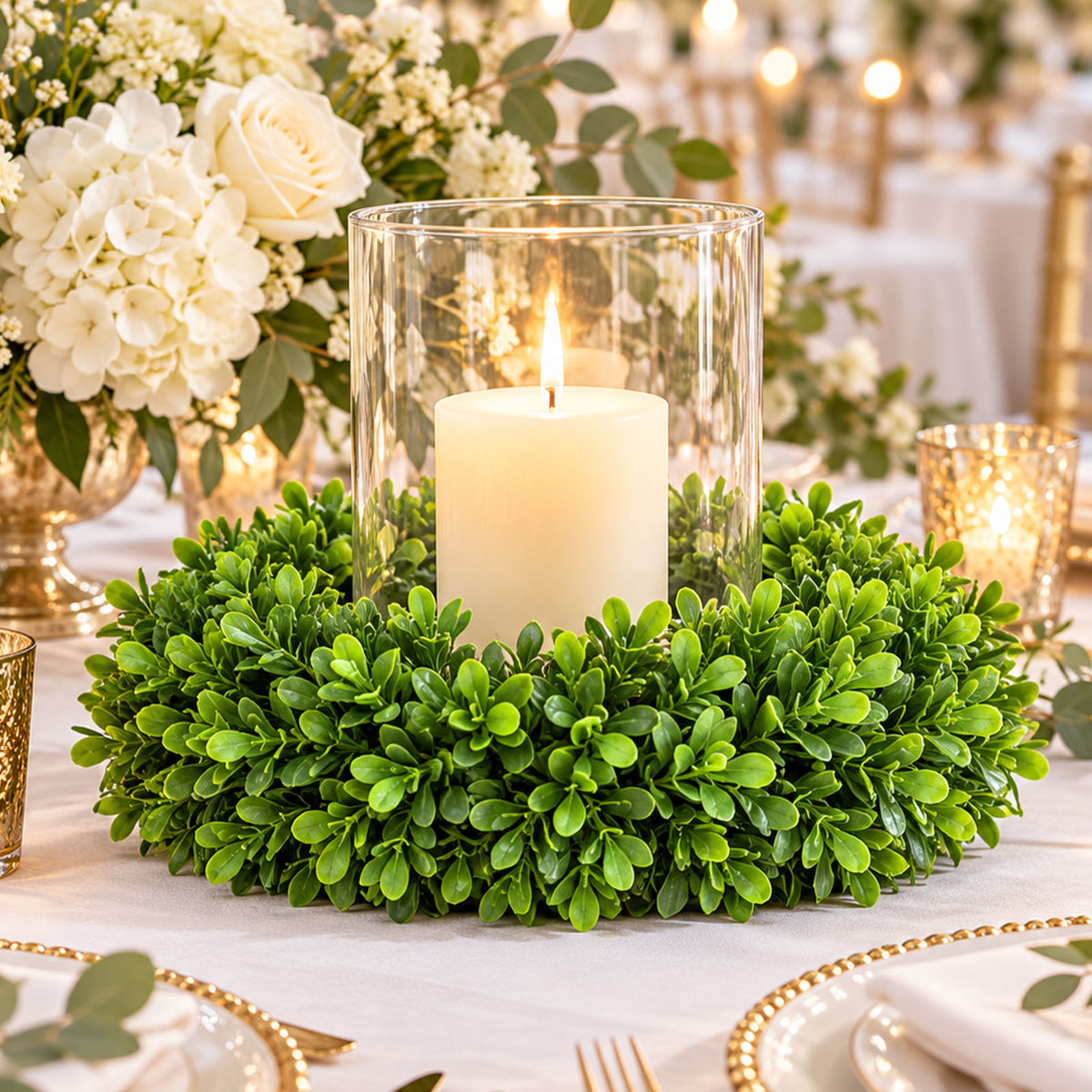3 Pack 10" Artificial Boxwood Candle Rings, Green Faux Mini Wreath - 4" Opening for Table Centerpiec