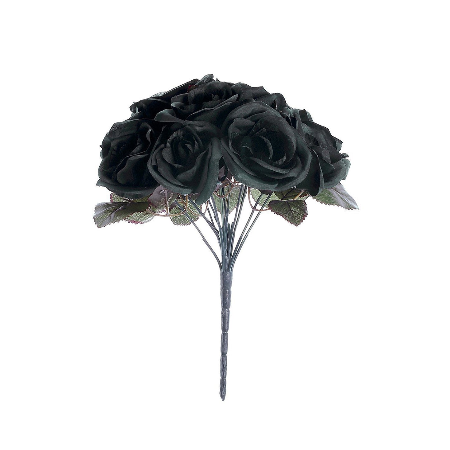 12" Black Artificial Velvet-Like Fabric Rose Flower Bouquet Bush