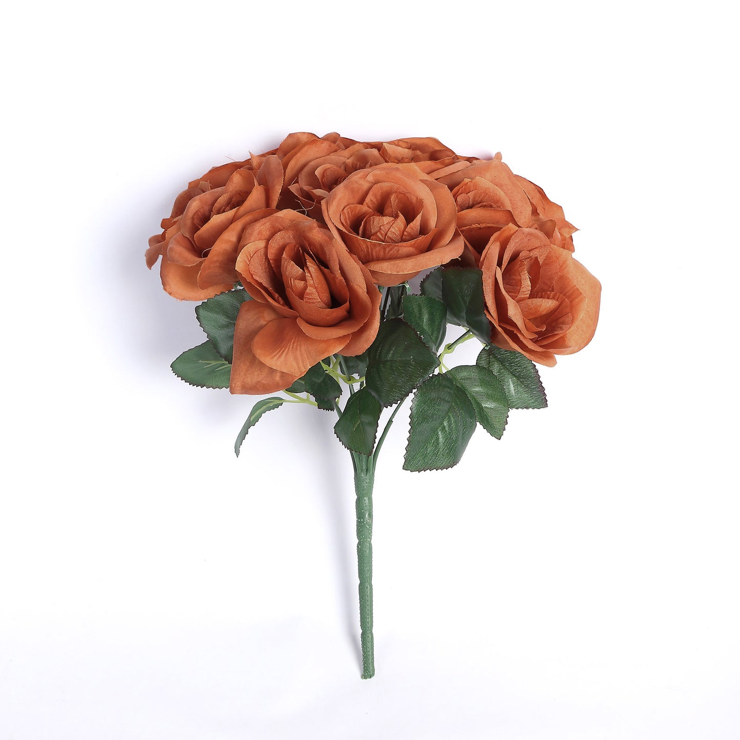 12" Terracotta (Rust) Artificial Velvet-Like Fabric Rose Flower Bouquet Bush