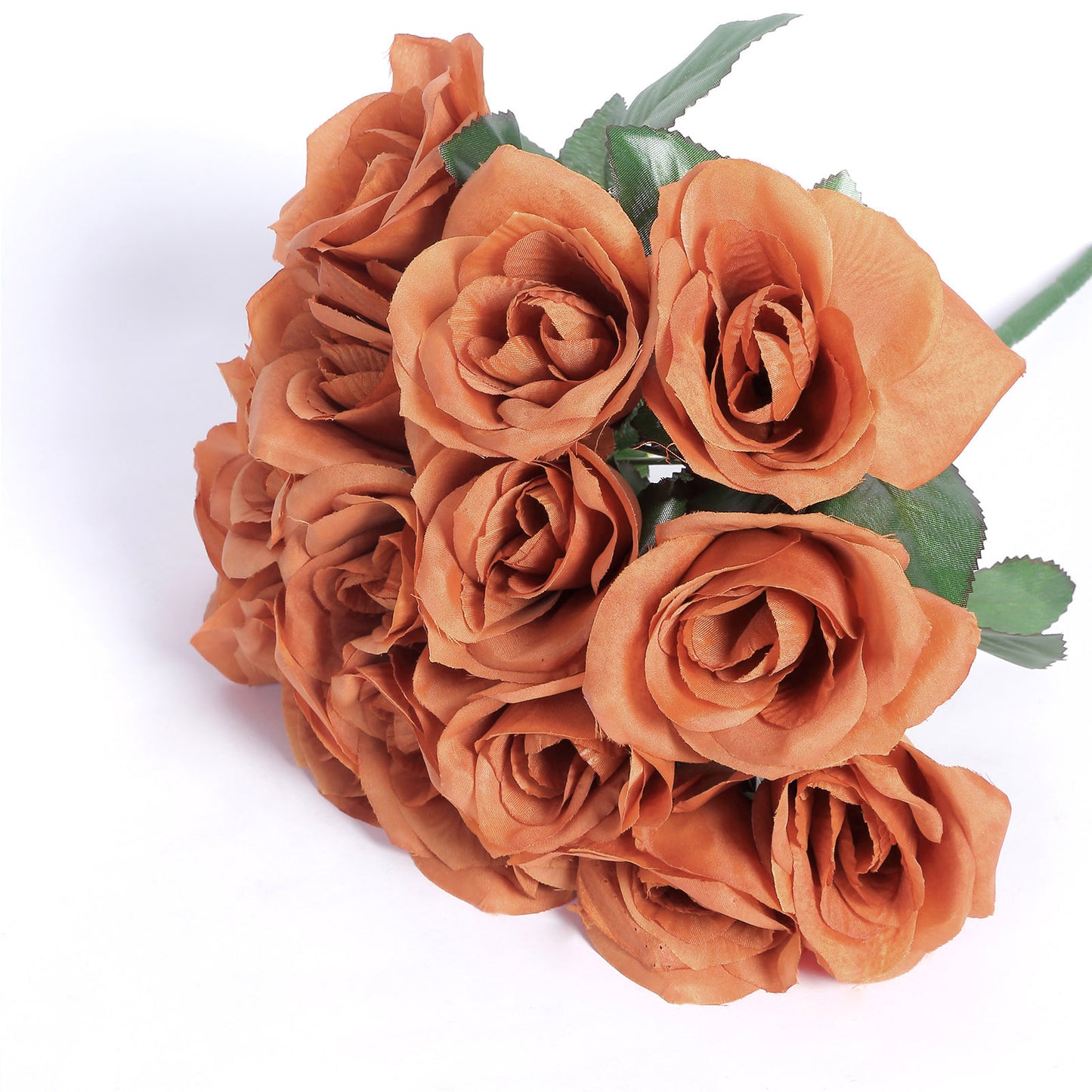 12" Terracotta (Rust) Artificial Velvet-Like Fabric Rose Flower Bouquet Bush