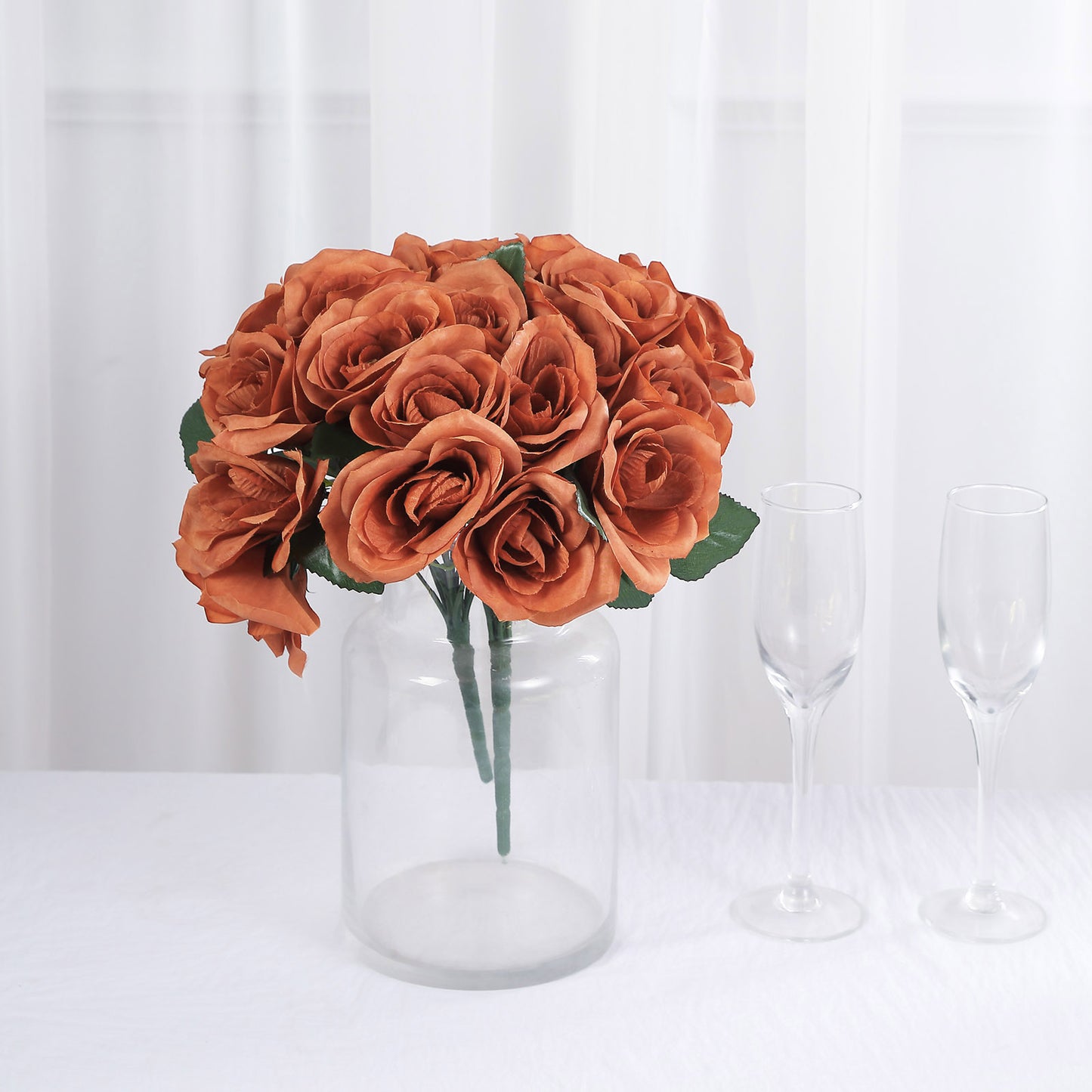 12" Terracotta (Rust) Artificial Velvet-Like Fabric Rose Flower Bouquet Bush