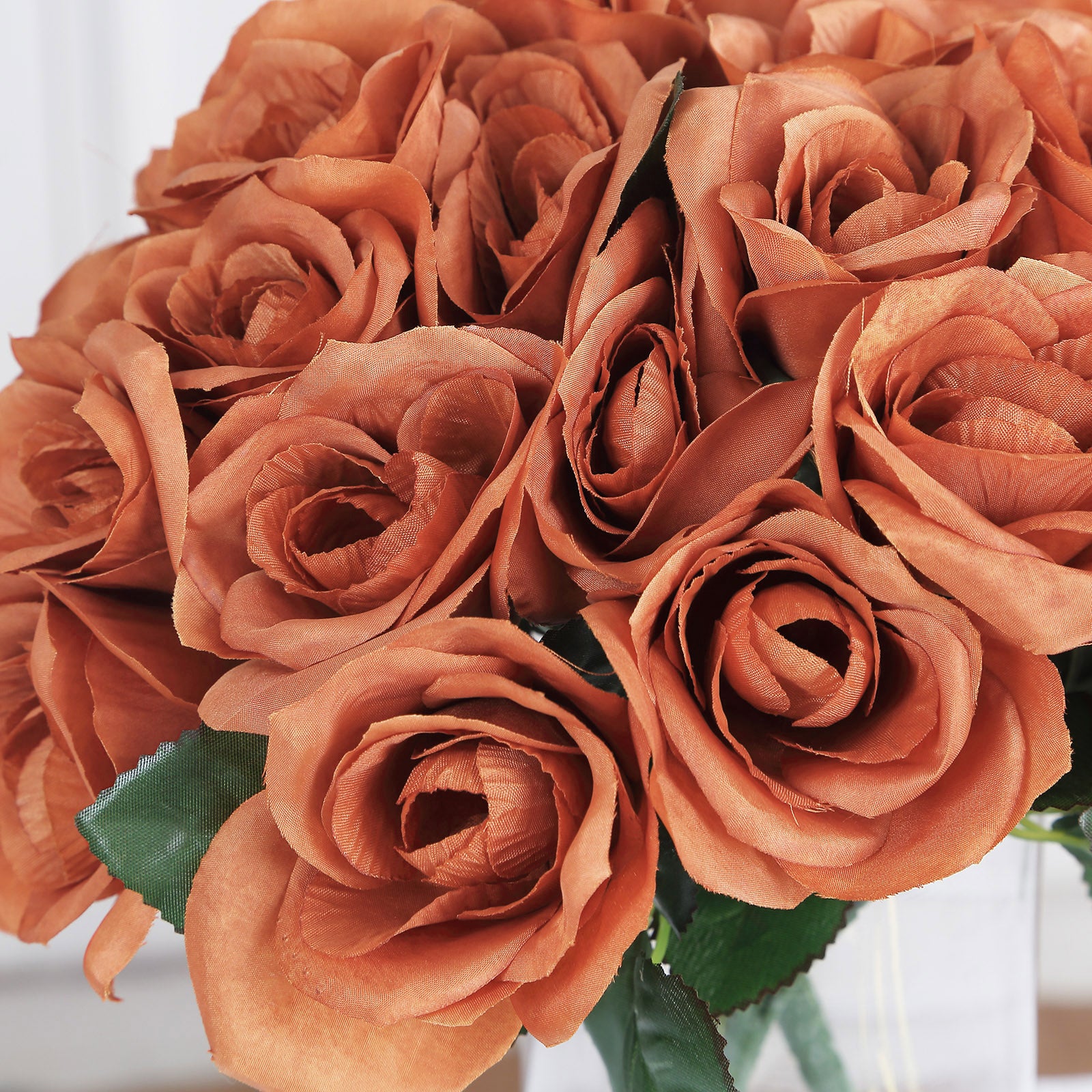 12" Terracotta (Rust) Artificial Velvet-Like Fabric Rose Flower Bouquet Bush#whtbkgd