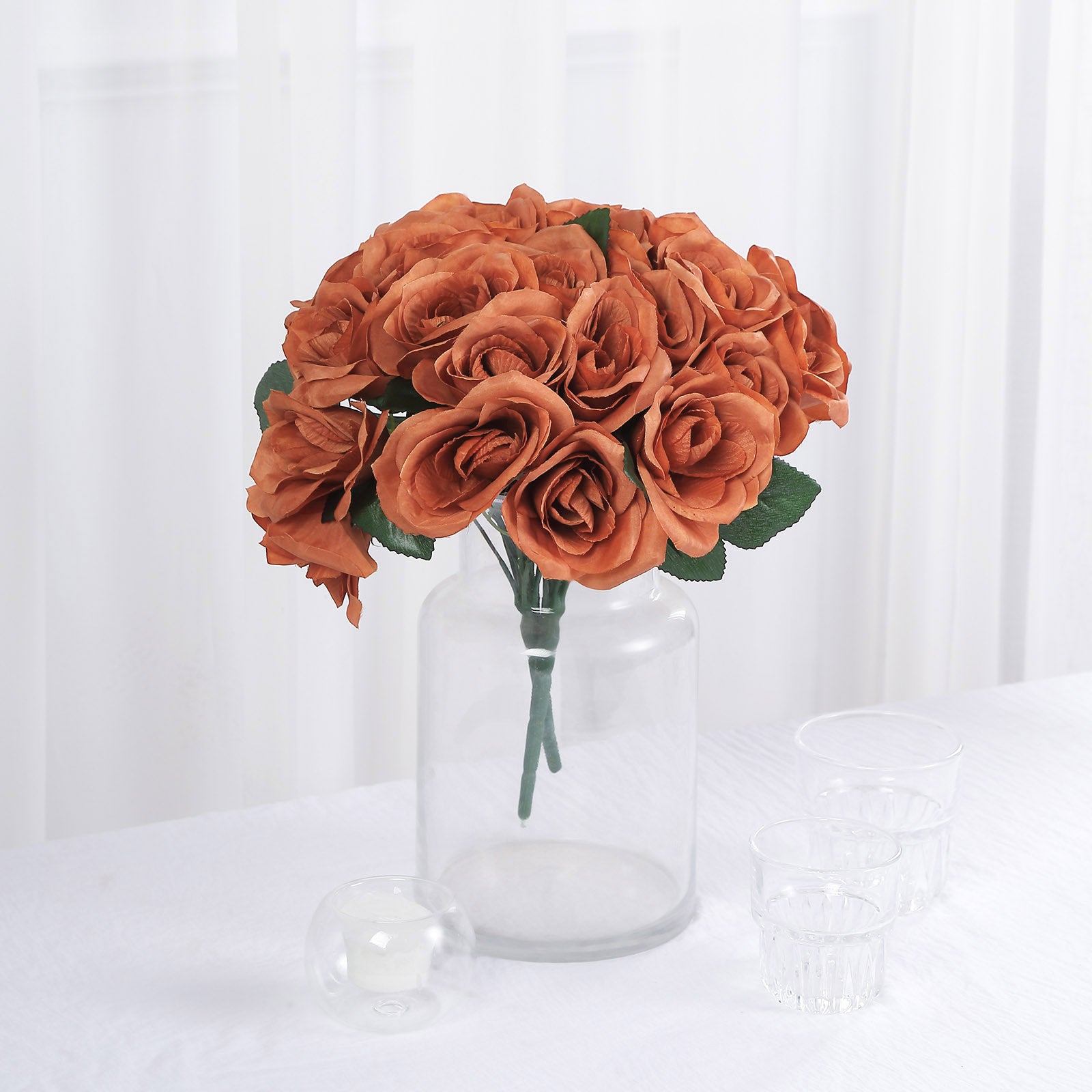 12" Terracotta (Rust) Artificial Velvet-Like Fabric Rose Flower Bouquet Bush