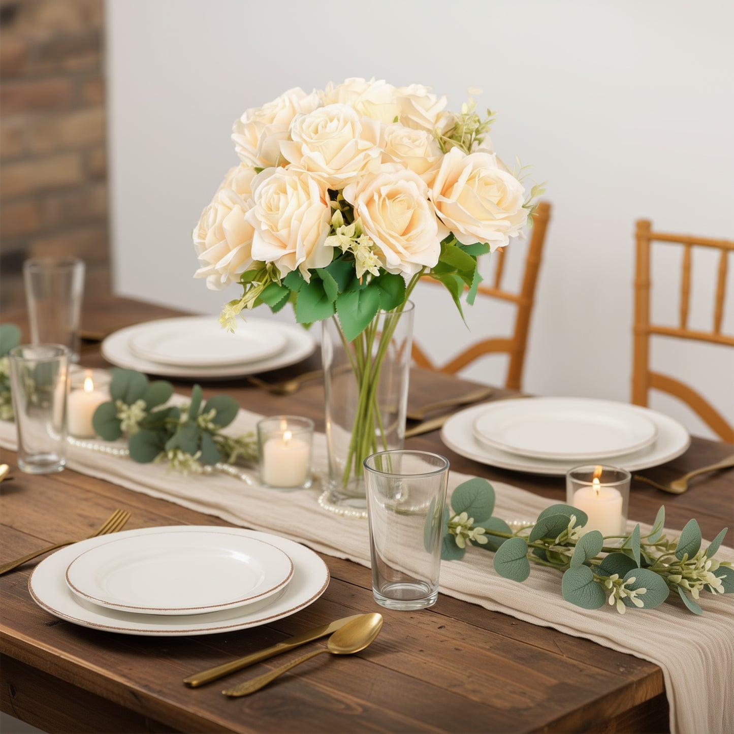 Cream artificial silk rose bouquet with long stems in a decorative arrangement.