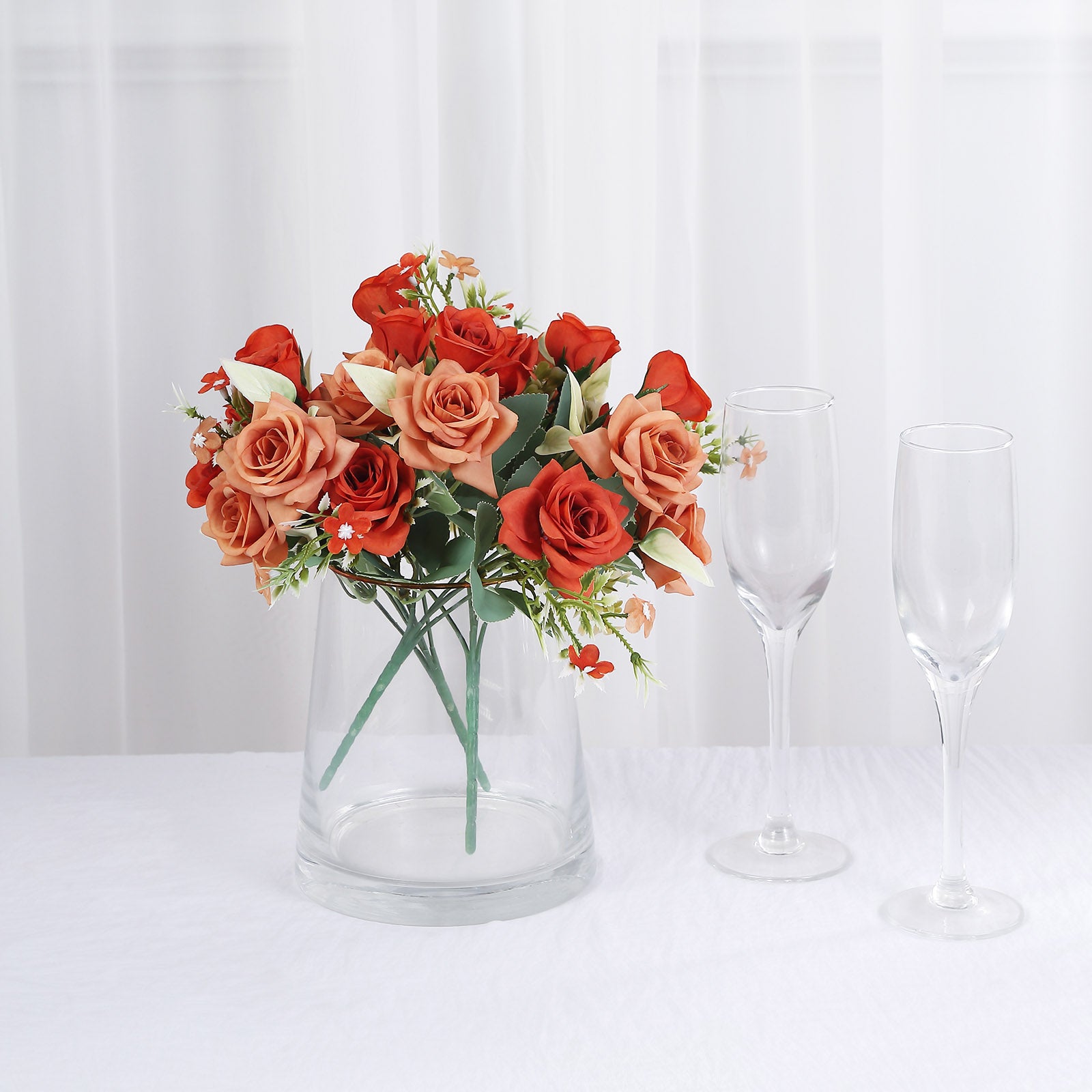 4 Bushes 12" Terracotta (Rust) Real Touch Artificial Silk Rose Flower Bouquet, Faux Bridal Flowers