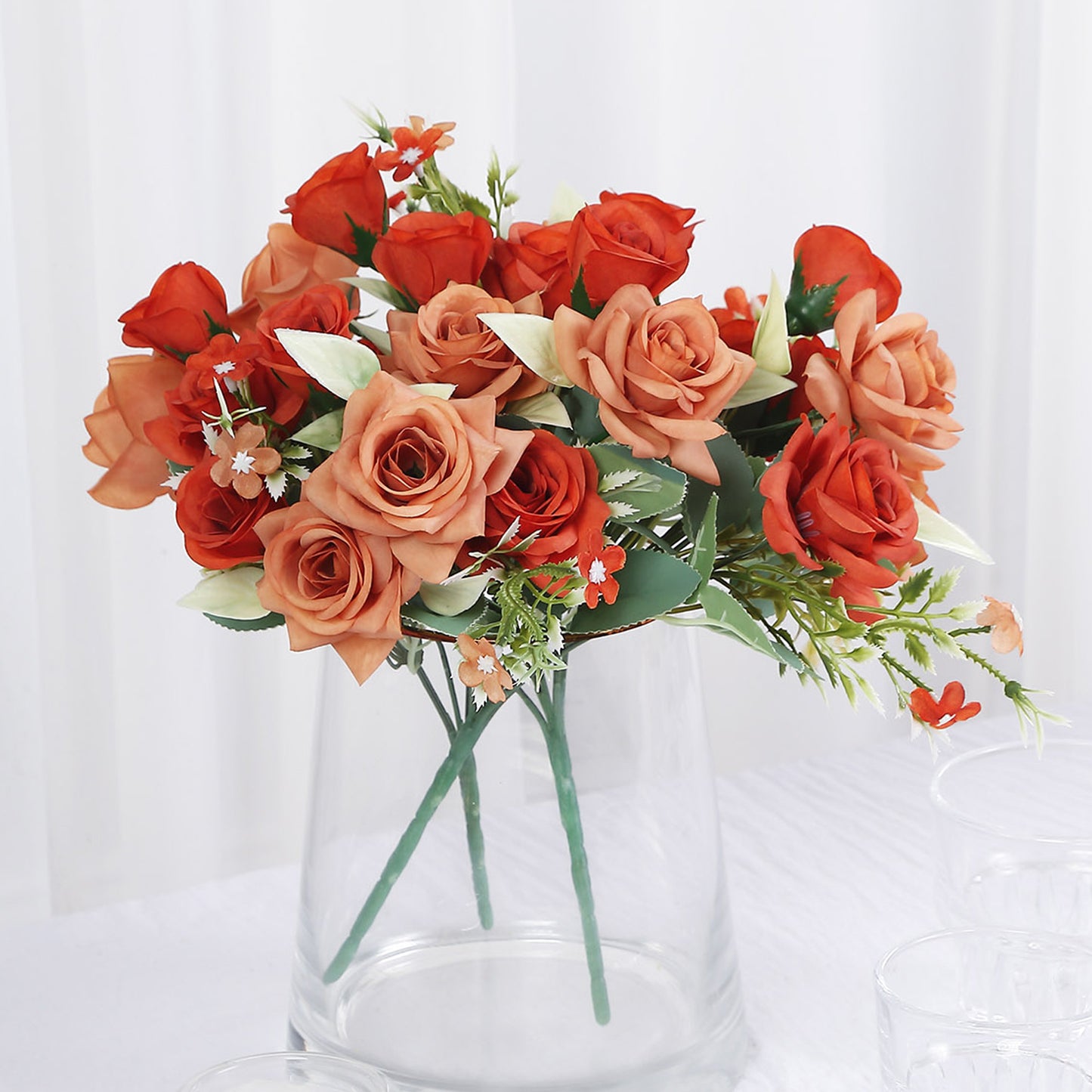 4 Bushes 12" Terracotta (Rust) Real Touch Artificial Silk Rose Flower Bouquet, Faux Bridal Flowers