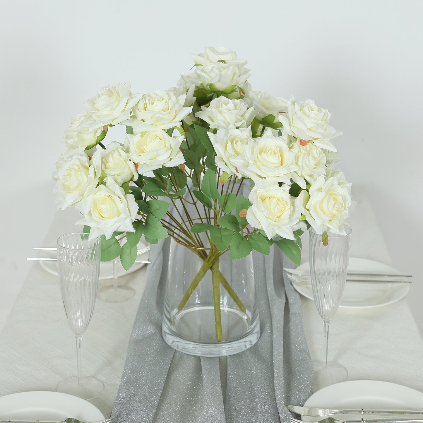 2 Bouquets | 17" Ivory Real Touch Artificial Silk Rose Flower Bushes