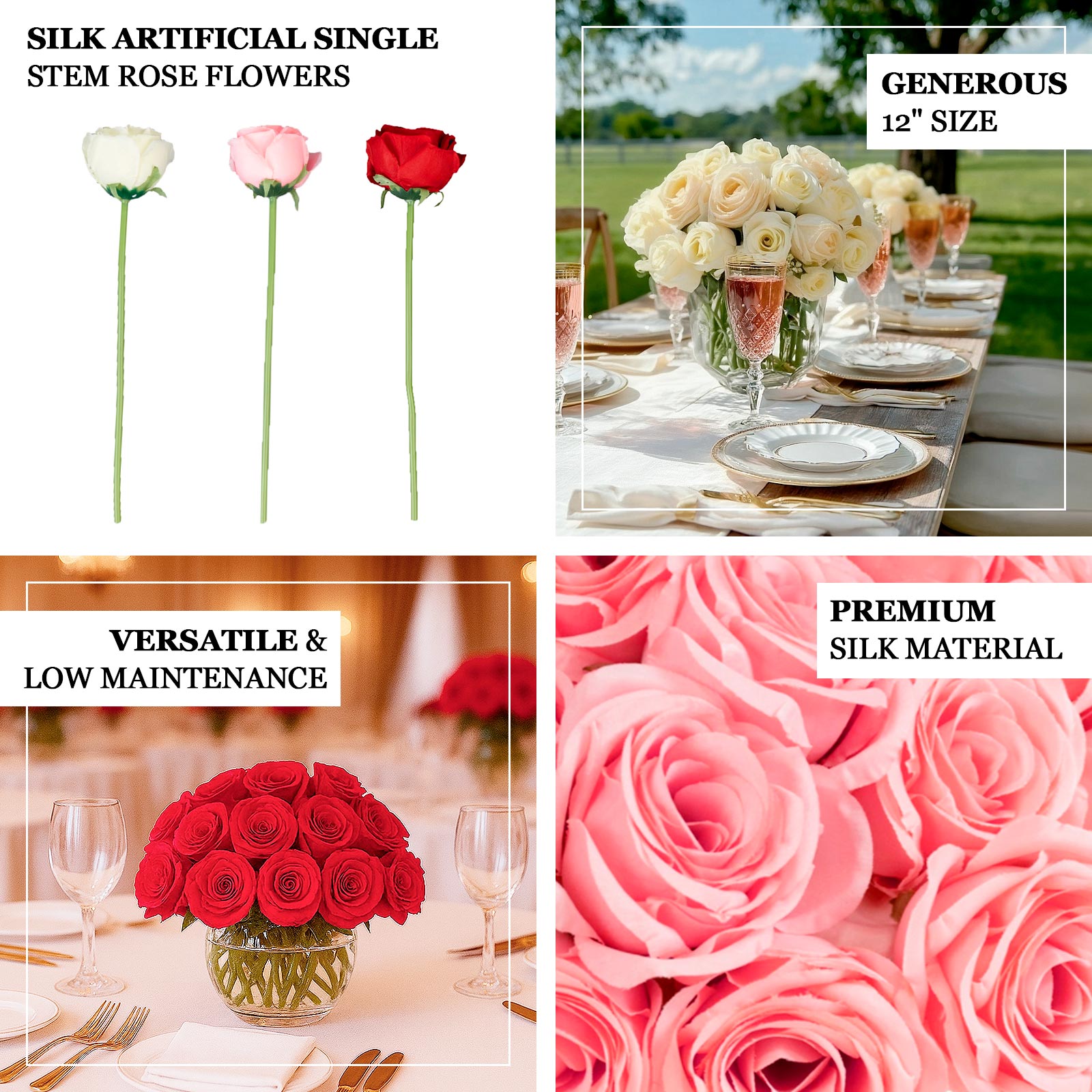 Pink artificial silk roses for flower arrangements, 12 inches in size.