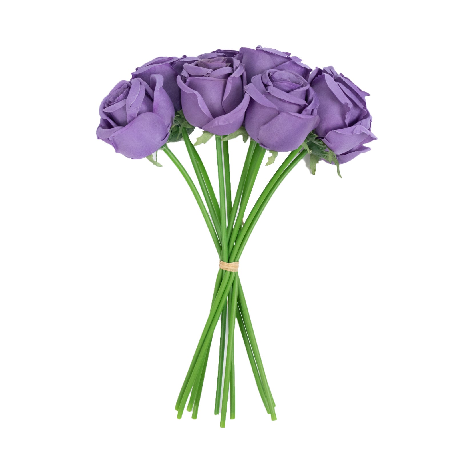 Purple artificial silk roses bouquet arrangement.