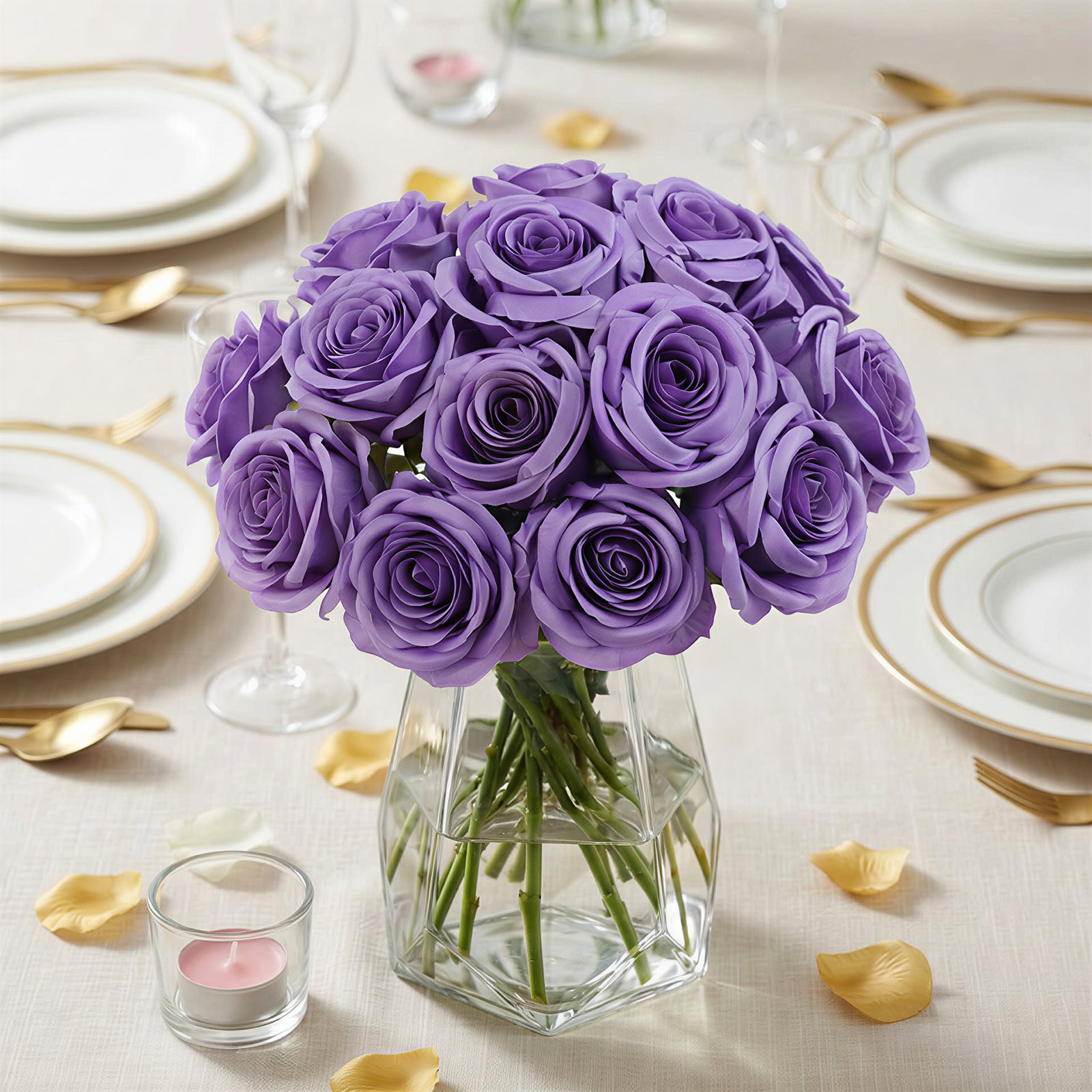 Purple artificial silk roses in a bouquet arrangement.