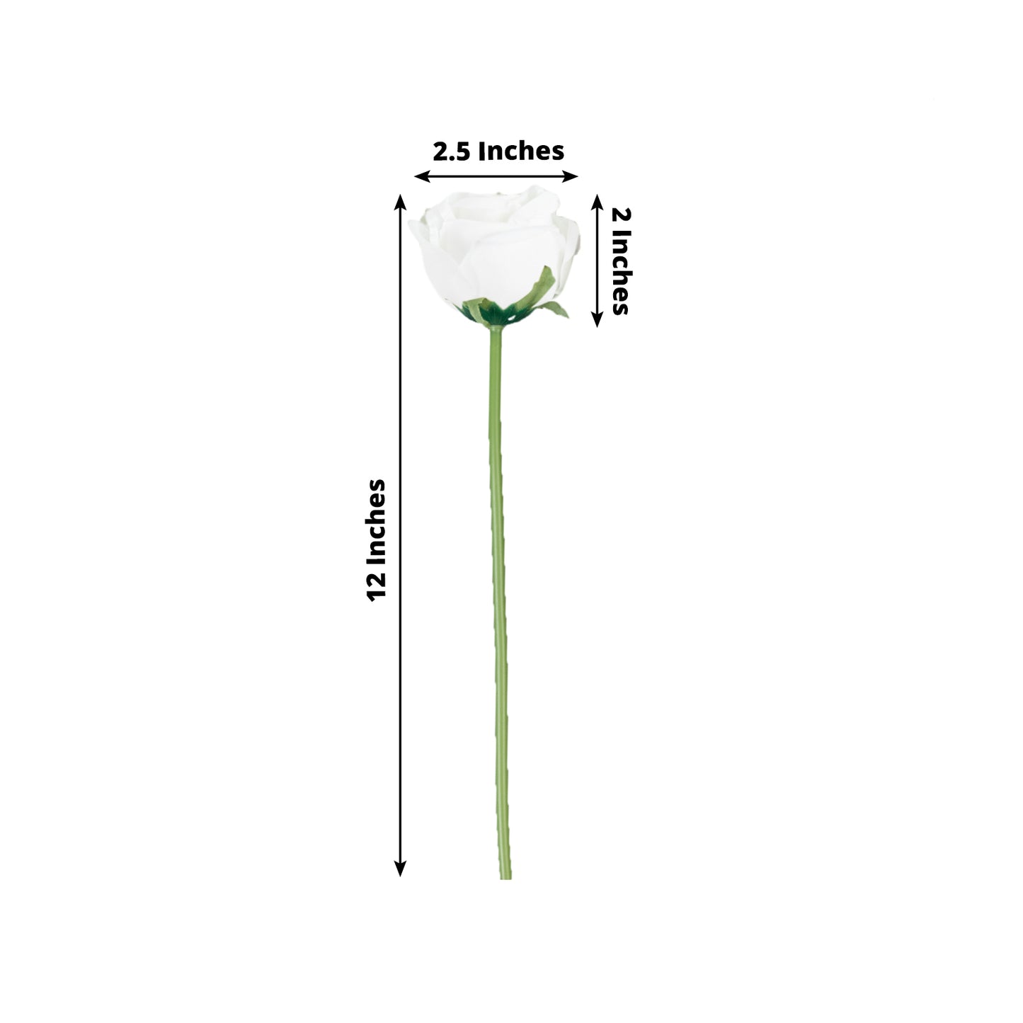 White artificial silk rose for flower arrangements, single stem, 12 inches long.