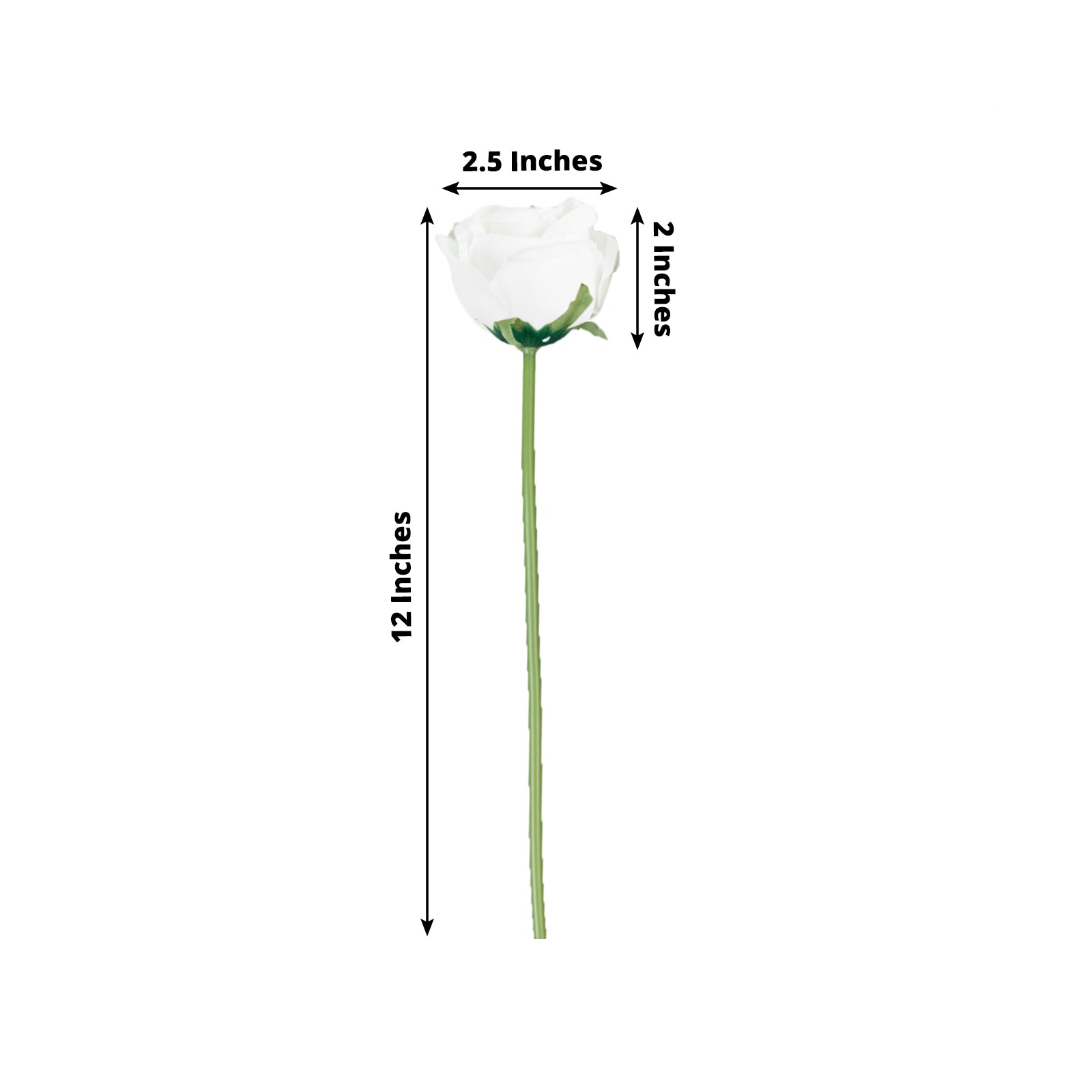 White artificial silk rose for flower arrangements, single stem, 12 inches long.
