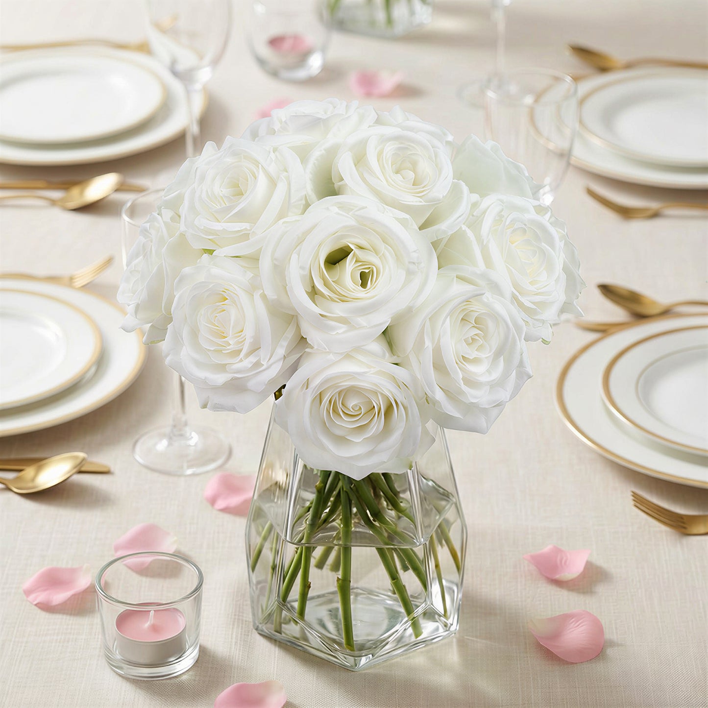 White artificial silk roses bouquet in a clear vase.