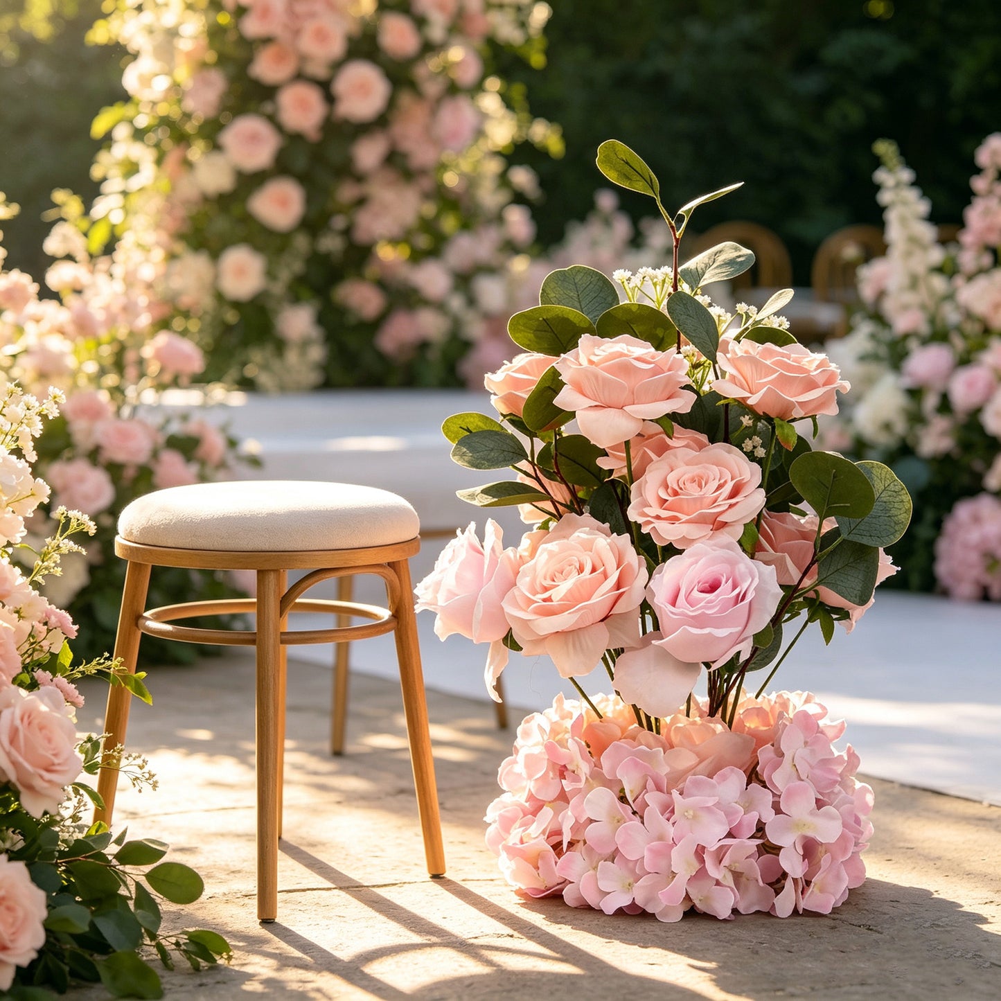 4 Pack 20" Wedding Aisle Artificial Flower Arrangements, Blush Roses Hydrangea Eucalyptus - Foam Bas