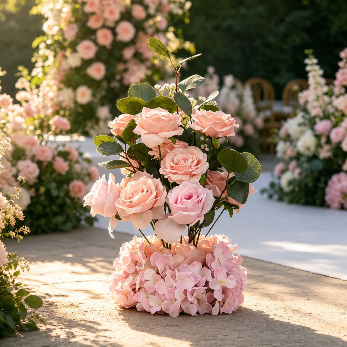 4 Pack 20" Wedding Aisle Artificial Flower Arrangements, Blush Roses Hydrangea Eucalyptus - Foam Bas