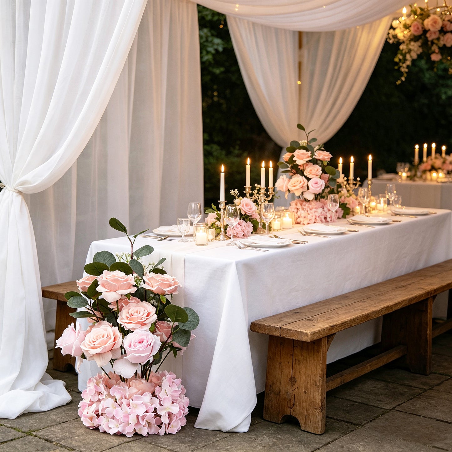 4 Pack 20" Wedding Aisle Artificial Flower Arrangements, Blush Roses Hydrangea Eucalyptus - Foam Bas
