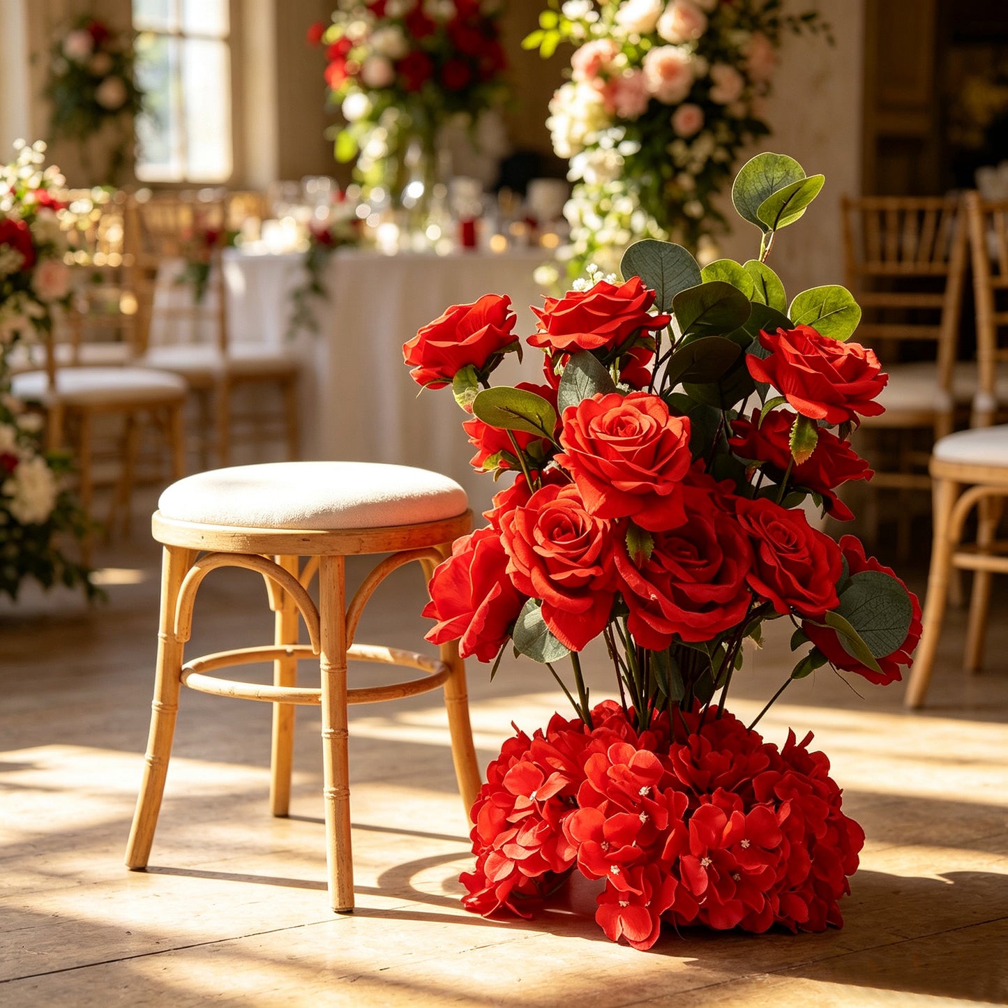 4 Pack 20" Wedding Aisle Artificial Flower Arrangements, Red Roses Hydrangea Eucalyptus - Foam Base