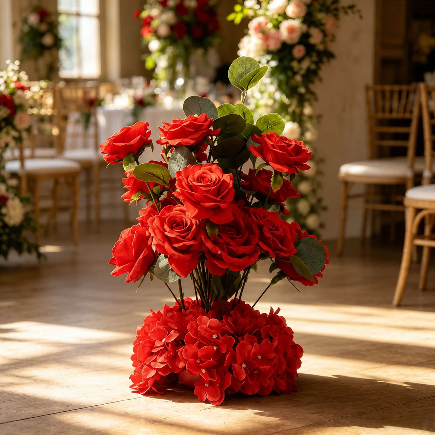 4 Pack 20" Wedding Aisle Artificial Flower Arrangements, Red Roses Hydrangea Eucalyptus - Foam Base