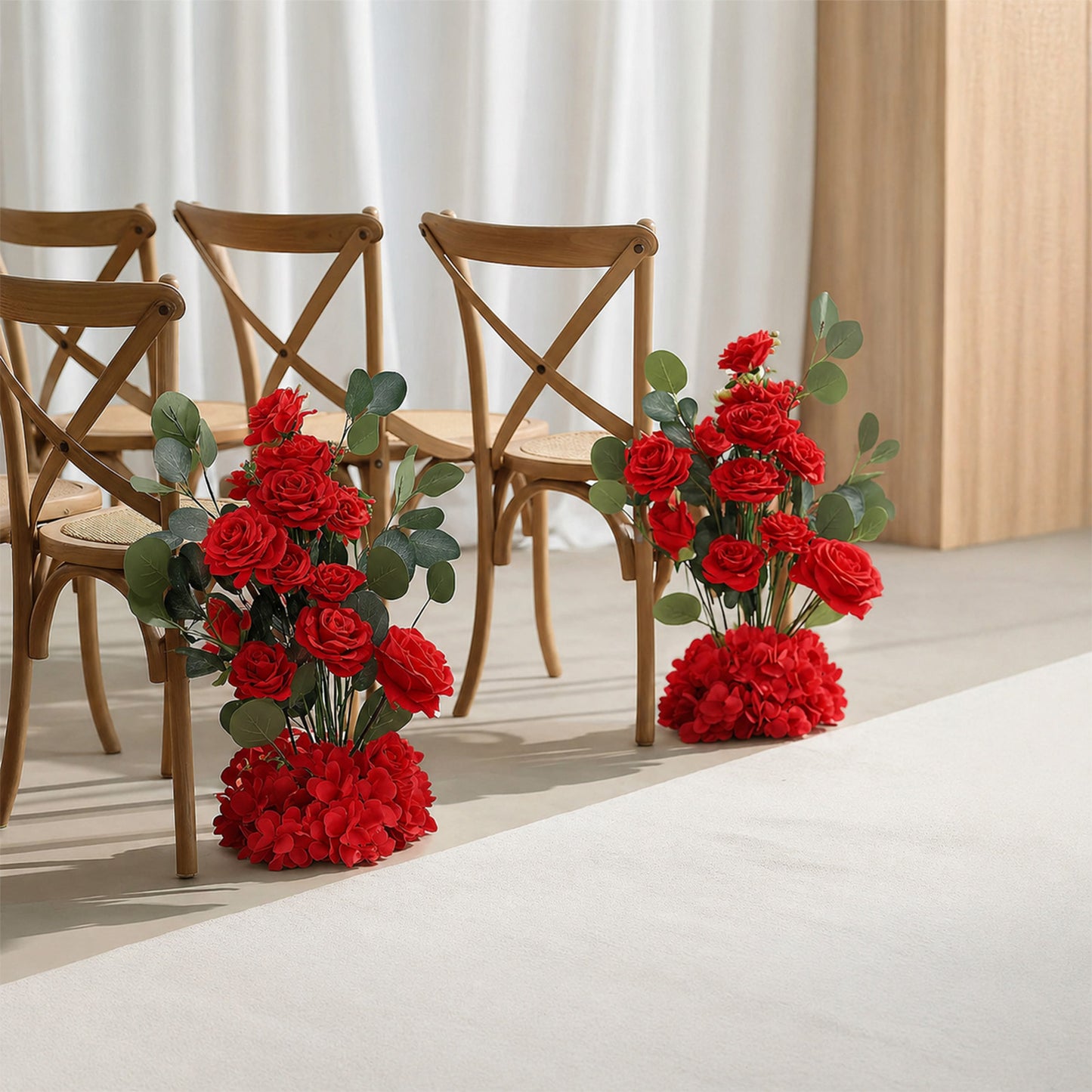4 Pack 20" Wedding Aisle Artificial Flower Arrangements, Red Roses Hydrangea Eucalyptus - Foam Base